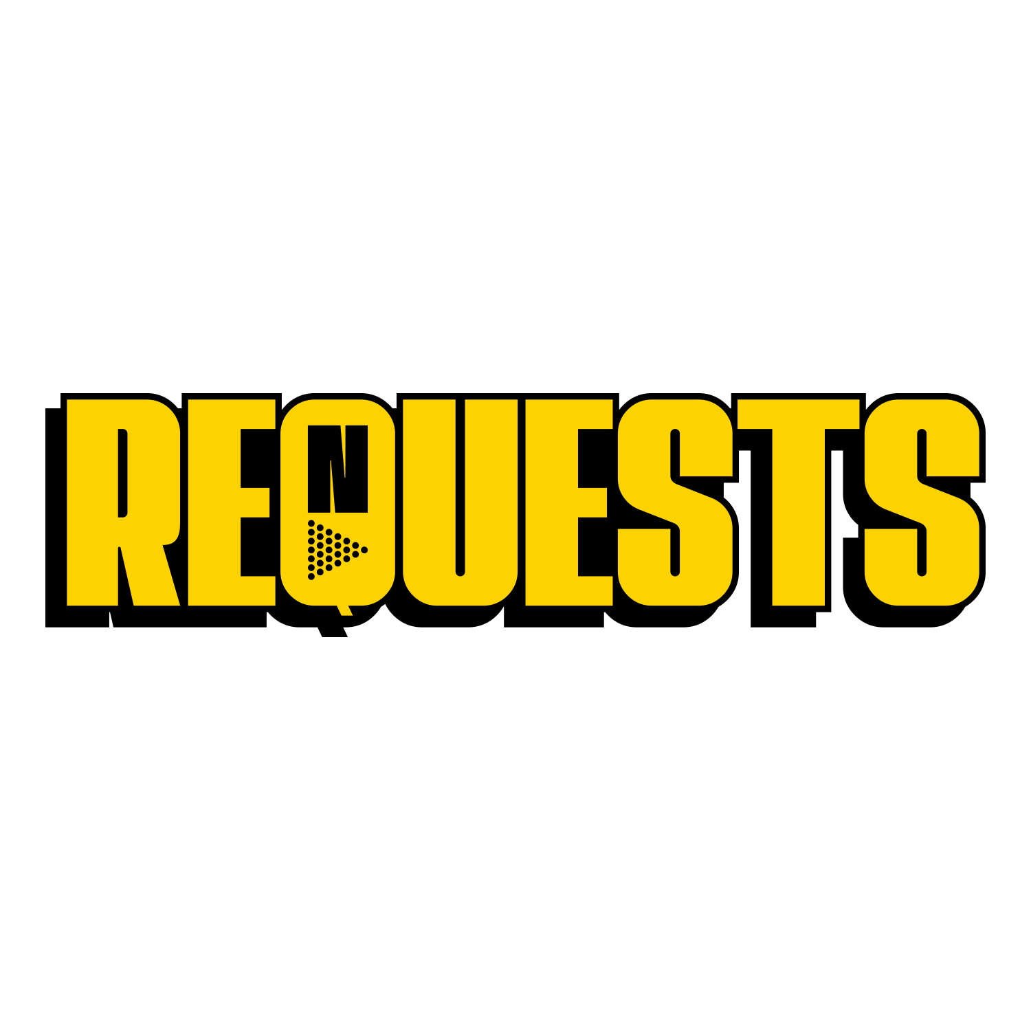 Bold yellow text on a black background that says 'REREQUESTS' with a play button icon inside the letter 'Q'.