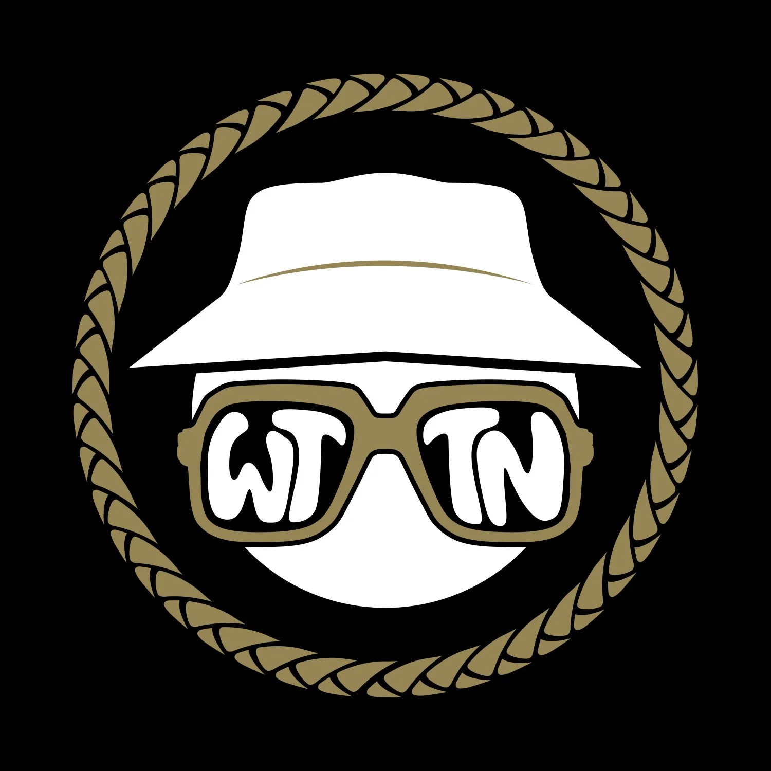Graphic design featuring a face with a white hat, sunglasses, and a face mask, surrounded by a braided border.
