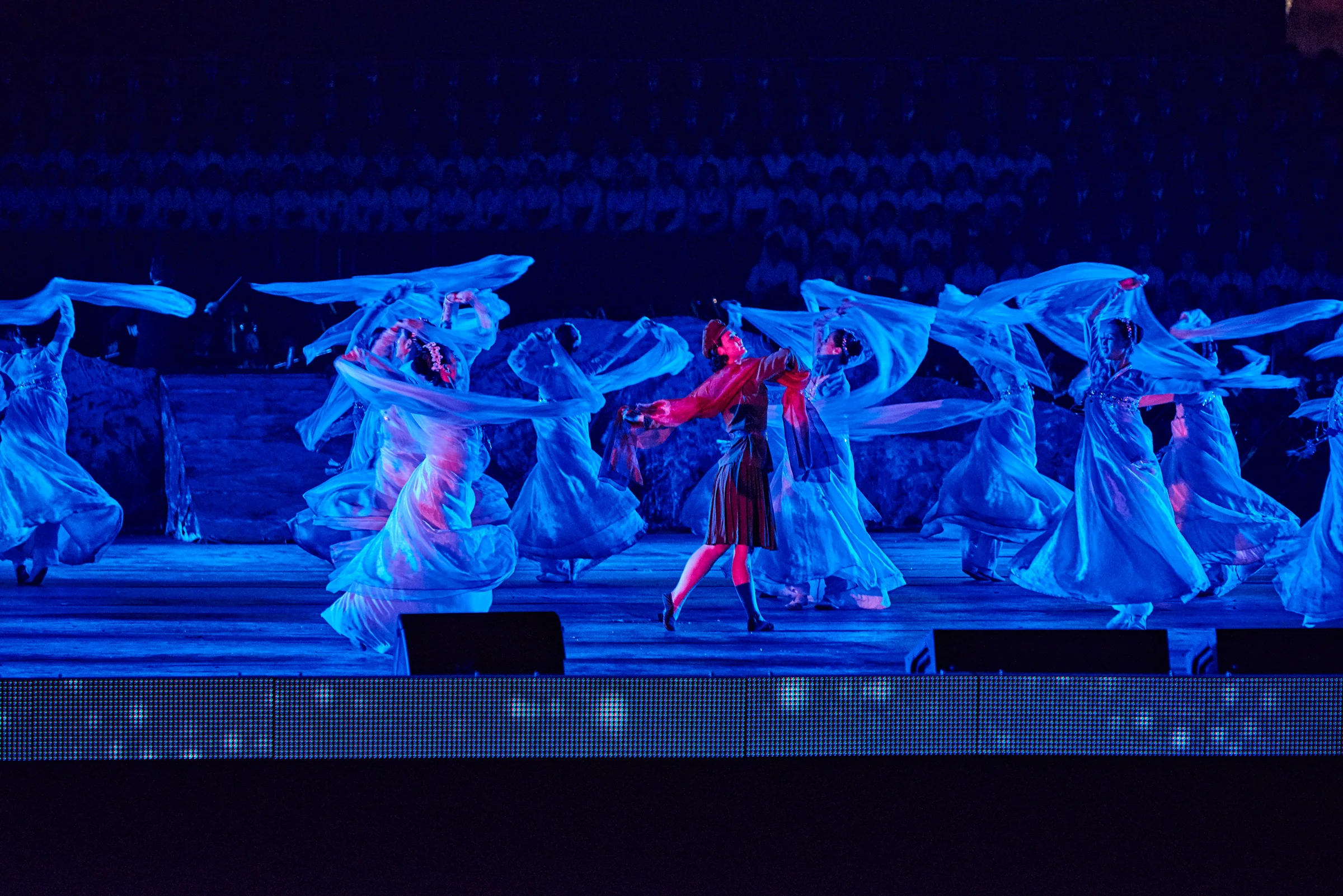 Korean Opera at 70th Anniversary concert outside the waterfront of Kim -Il Sung Square. Pyongyang, NK