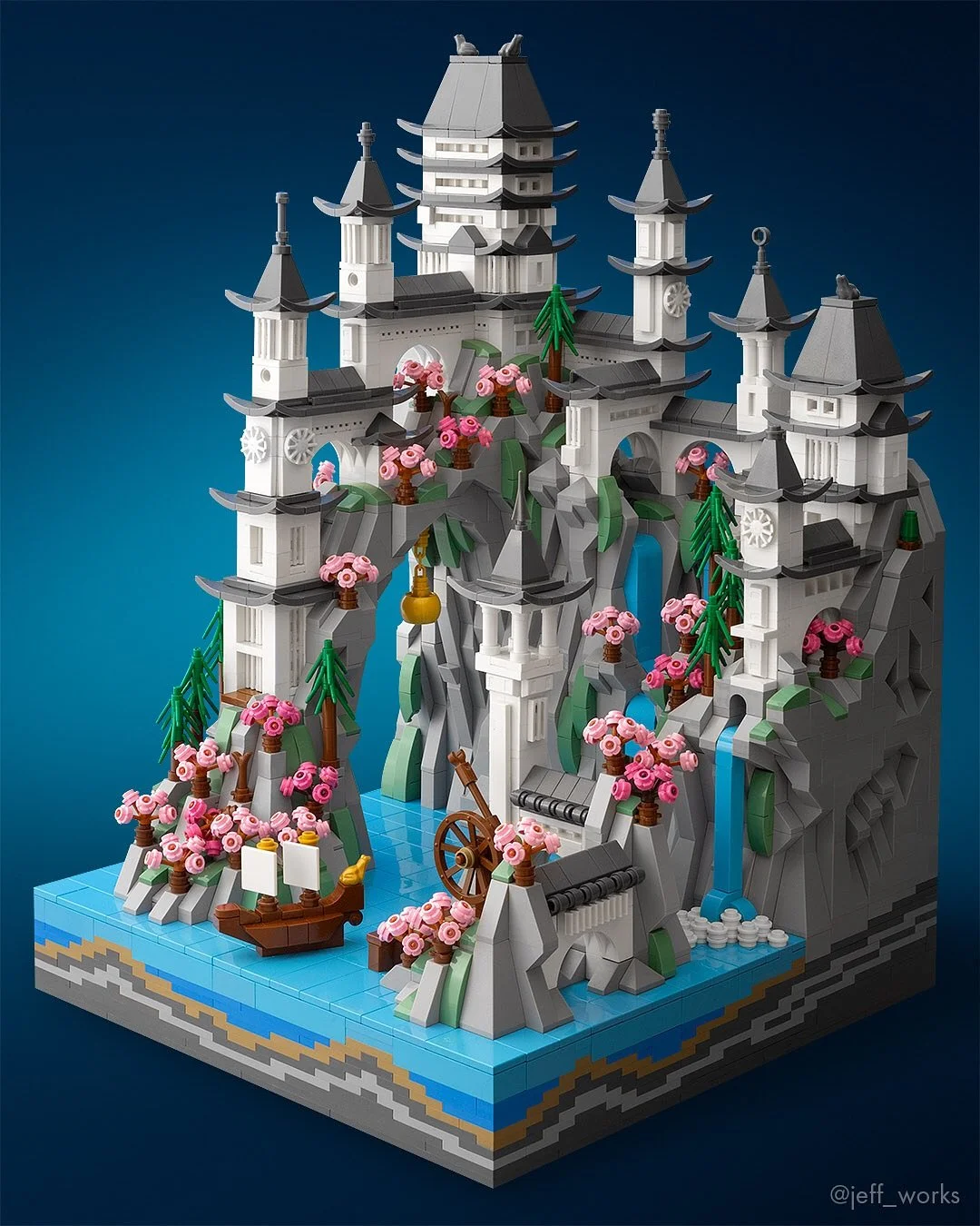 It&rsquo;s kind of hidden now that the supporting scene is built, but this model began with the vision of a huge golden bell hanging from a rocky arch. 

If you don&rsquo;t mind wonky videos, swipe to see a rough behind-the-scenes look at the making 