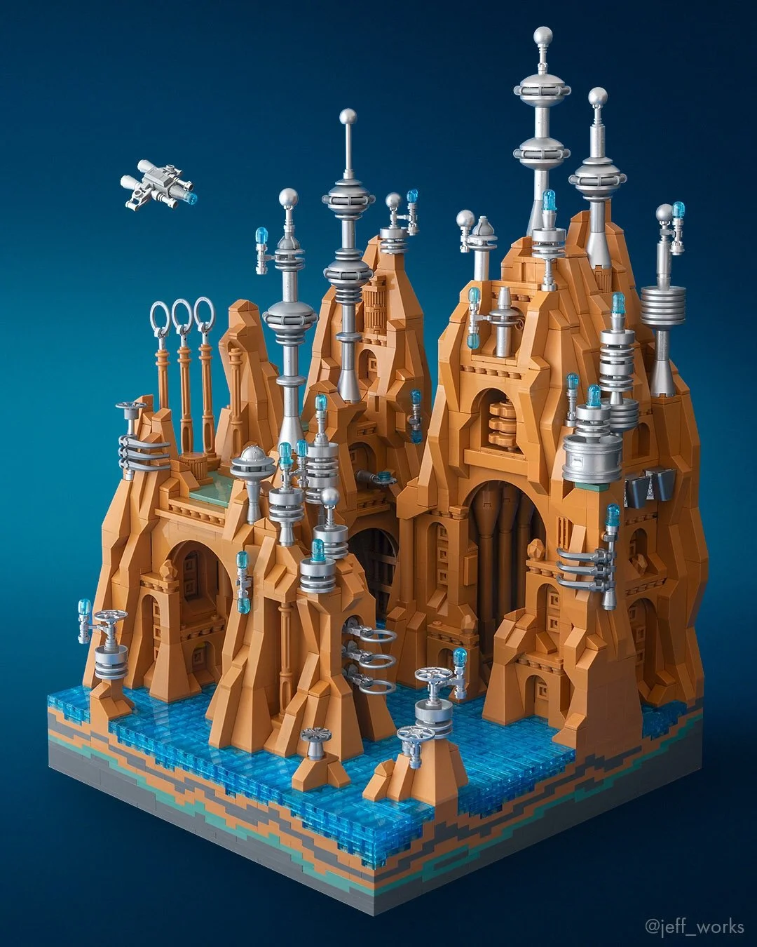 Usually, the history of a micro city forms in my mind as I build it over the weeks. This one still has a mystery, though: what happened between the ancient, Petra-like city and the polished titanium spires that appeared centuries later?

Zoom in for 