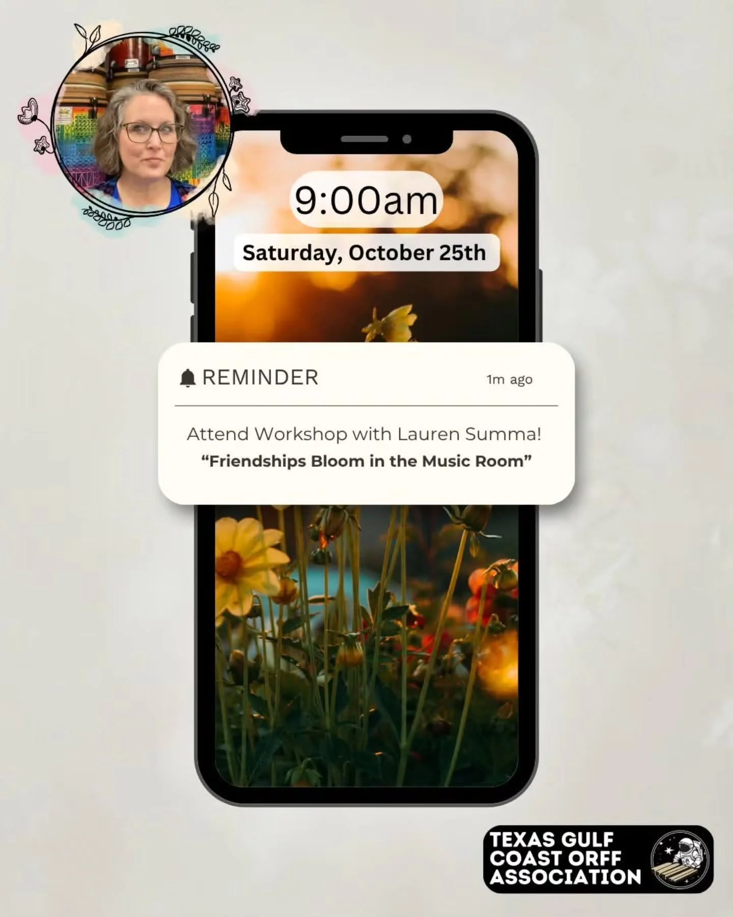 ‼️Workshop Reminder‼️
Saturday, October 25th from 9am-1pm
Lauren Summa presents &quot;Friendships Bloom in the Music Room&quot;
University of Houston, Moores School of Music