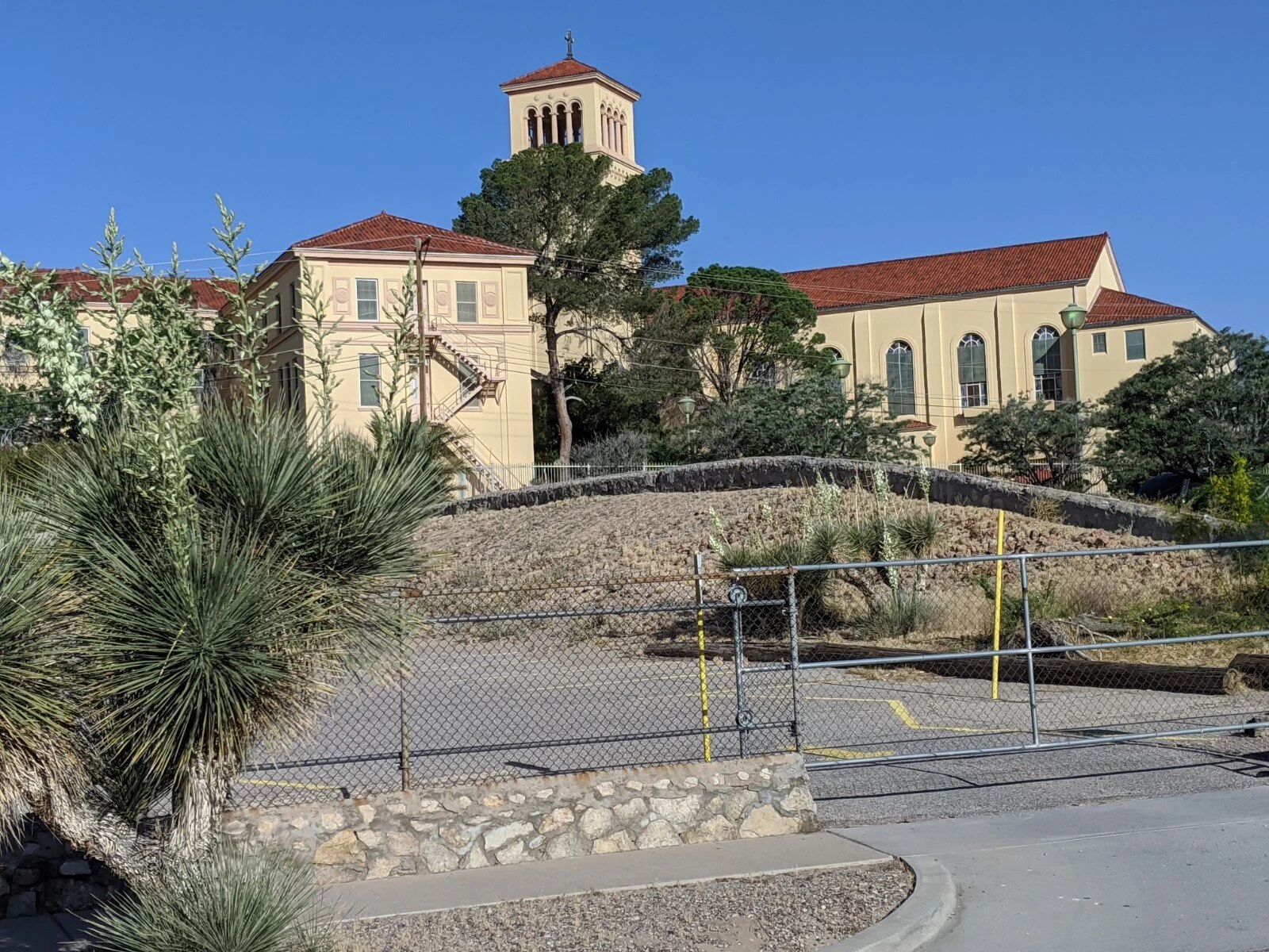 Loretta Academy. A common yucca found in El Paso, Yucca elata, is shown in the foreground.