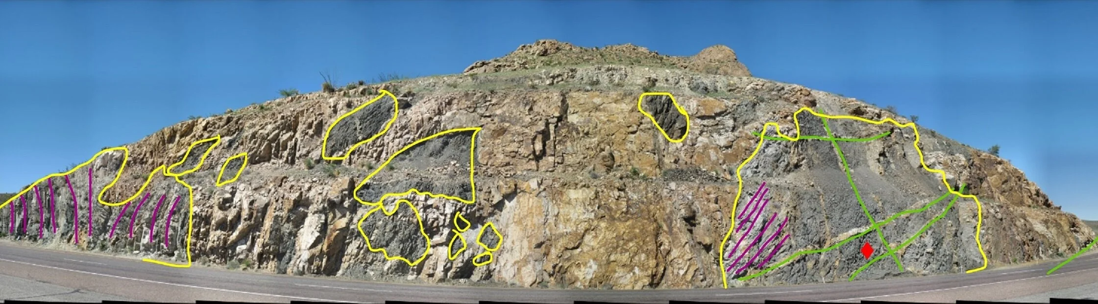 The same gigapan photo of Confusion Hill anotated for geological features. Here is the simplified story: #1 Shallow marine and tidal sediments were deposited in the El Paso region 1.25 Billion years ago. These contain fossil microbial mats and strom…