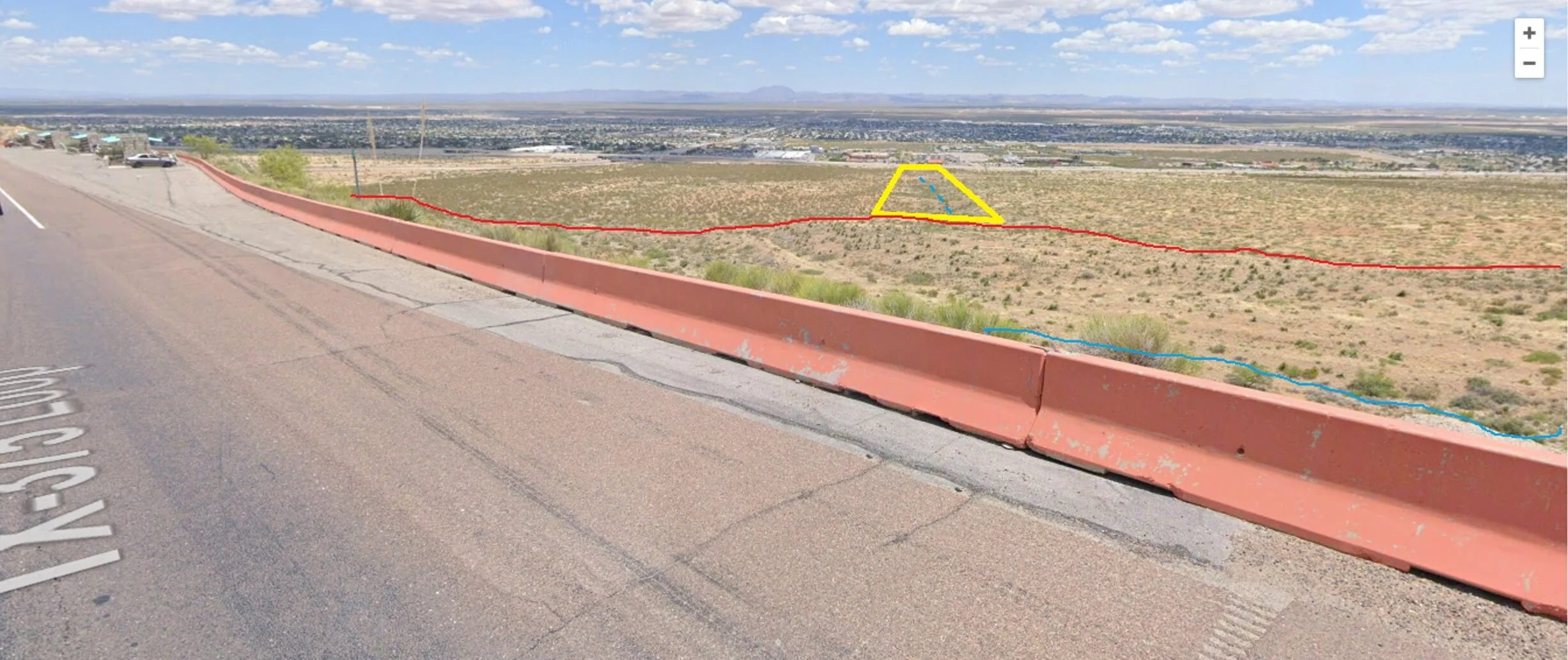 Annotated Google Earth Street View™ screen shot looking east from nearby Transmountain Road east picnic area across from Confusion Hill.This view shows “stream capture.” Stream capture happens when a fault moves and displaces the ground and a stream…