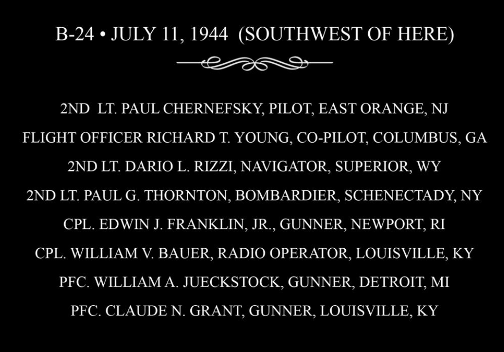 Crew of July 11, 1944 B-24 plane crash. The crash occured on the left side of A Mountain. The notation “Southwest of here” is in reference to the crew list of the March 1944 B-24 plance crash on the right side of A Mountain. The Memorial plaque can …