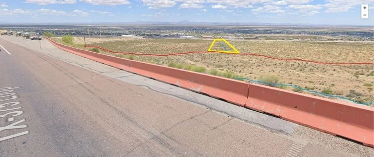 The red line is the fault and the yellow box is an old stream bed that was abandoned after the last big earthquake.