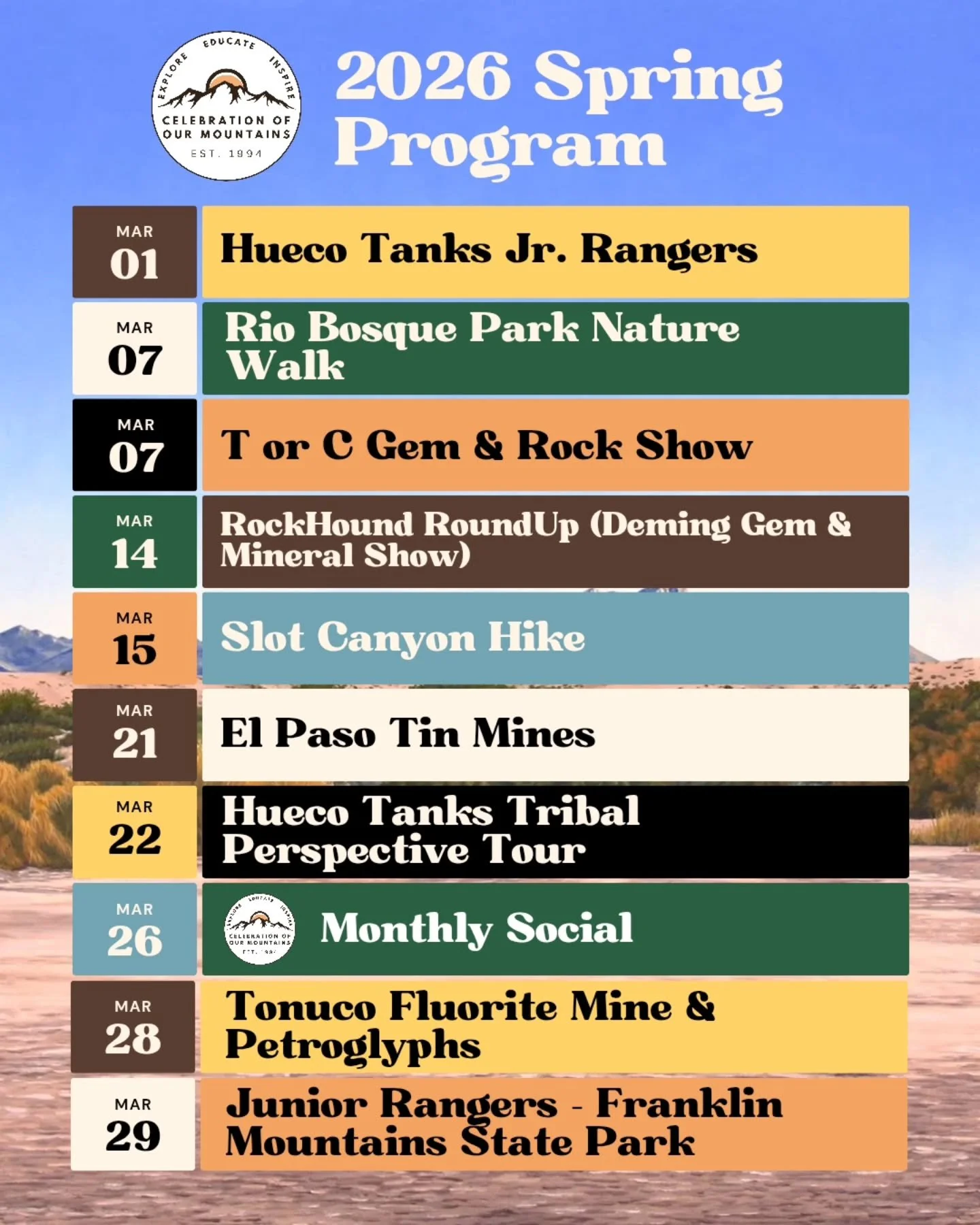 ✨️🎊Our Spring Program is here!! 
Check out what we have lined up this Spring! 

We are excited for so many new collaborations with @huecotanksstatepark , @friendsriobosquewetlands, @franklinmountains , @rescuerunners915 , @ep_fronteralandalliance , 