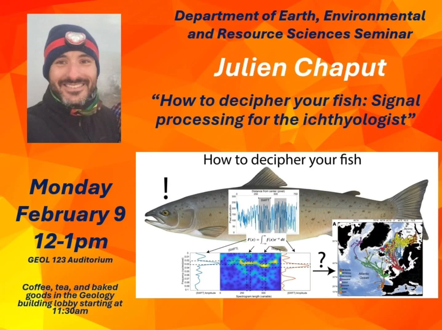 Join @utepdeers for their seminar!
⛏️Dr. Julien Chaput
📆Monday, Feb. 9th 12-1pm
📍Geol 123

✨️Topic: How to decipher your fish: Signal processing for the ichthyologist