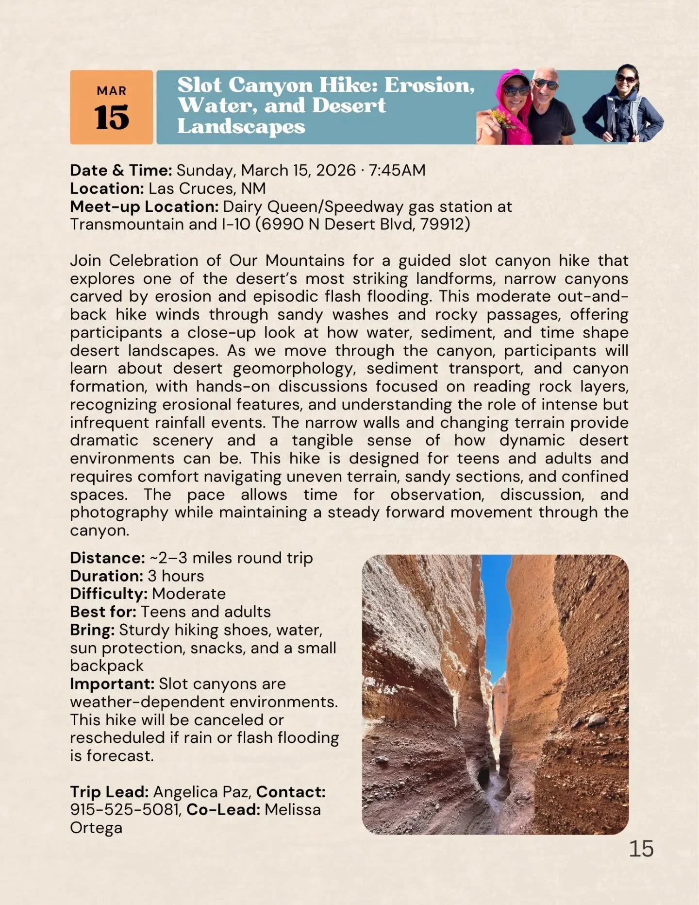 Join Celebration of Our Mountains for a guided slot canyon adventure near Las Cruces, where narrow desert walls tell the story of erosion, sediment, and powerful flash floods.

🗓 Sunday, March 15, 2026
⏰ Meet at 7:45 AM
📍 Meet-up: Dairy Queen/Speed