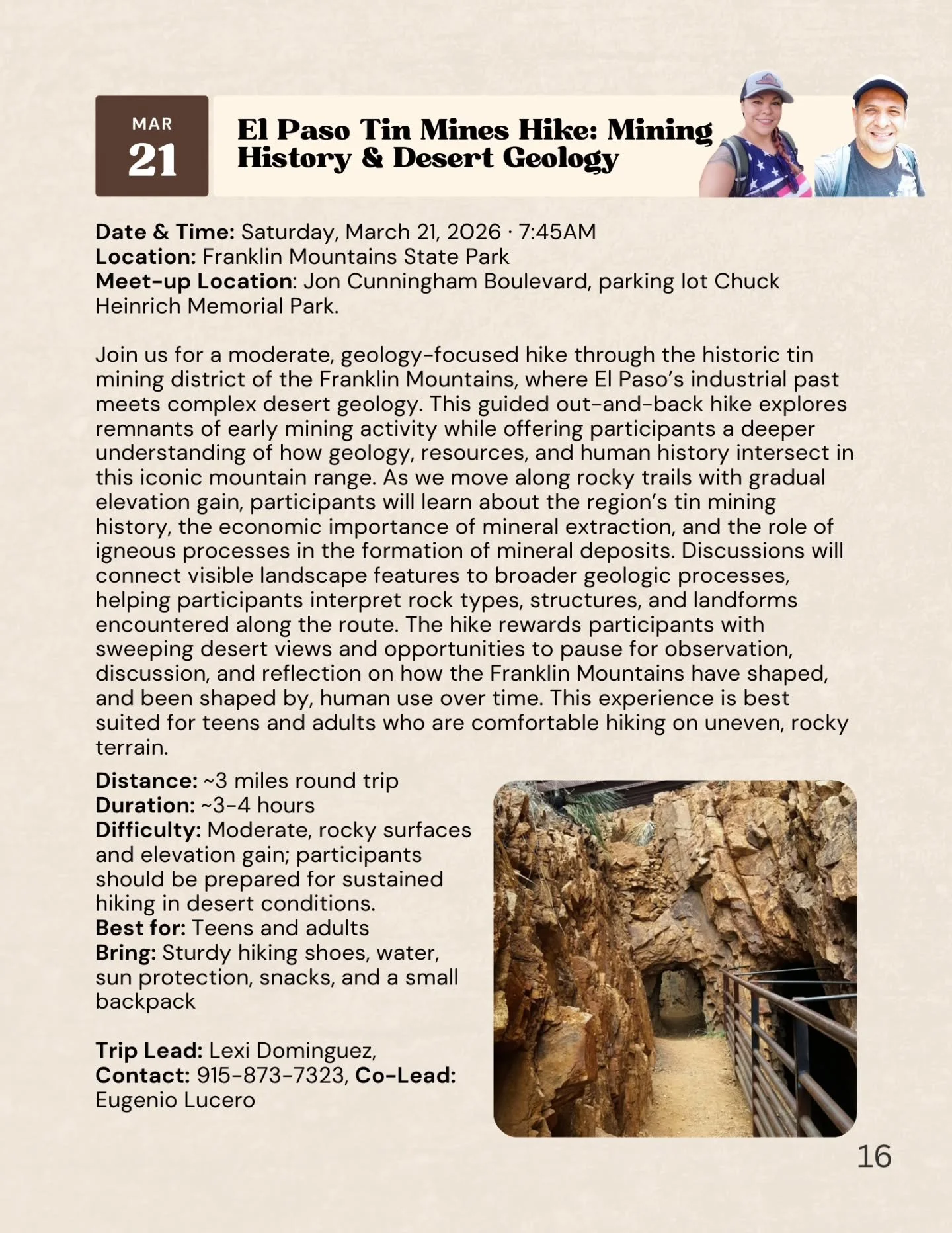 Geology, history, and desert views ⛰️🪨

Join Celebration of Our Mountains for a guided hike through the historic tin mining district of Franklin Mountains State Park &mdash; where El Paso&rsquo;s industrial past meets the deep geologic story of the 