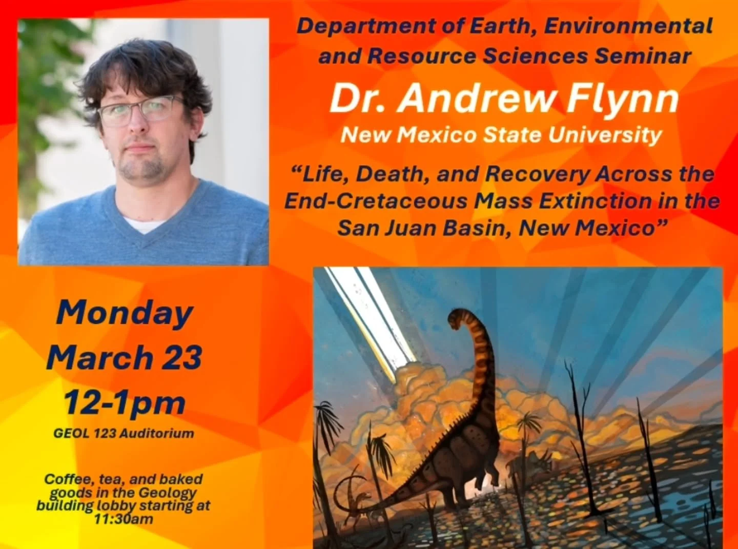 Join @utepdeers for thier weekly seminar!

📆March 23 | 12-1pm | GEOL 123

🎤Dr. Andrew Flynn
Topic: Life, Death, and Recovery Across the End-Cretaceous Mass Extinction in the San Juan Basin, New Mexico