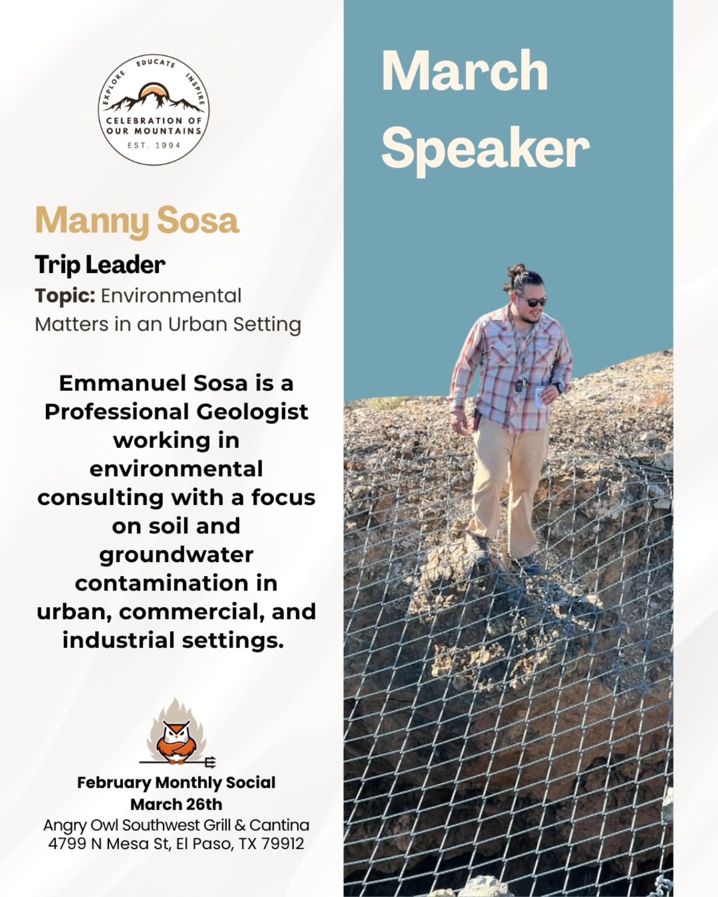 📣Our monthly social is just a few days away!
This month's speaker is Manny Sosa, he will about his work in the environmental field. 

✨️If you have been interested in one of our hikes but have some questions. This social is the perfect place to meet