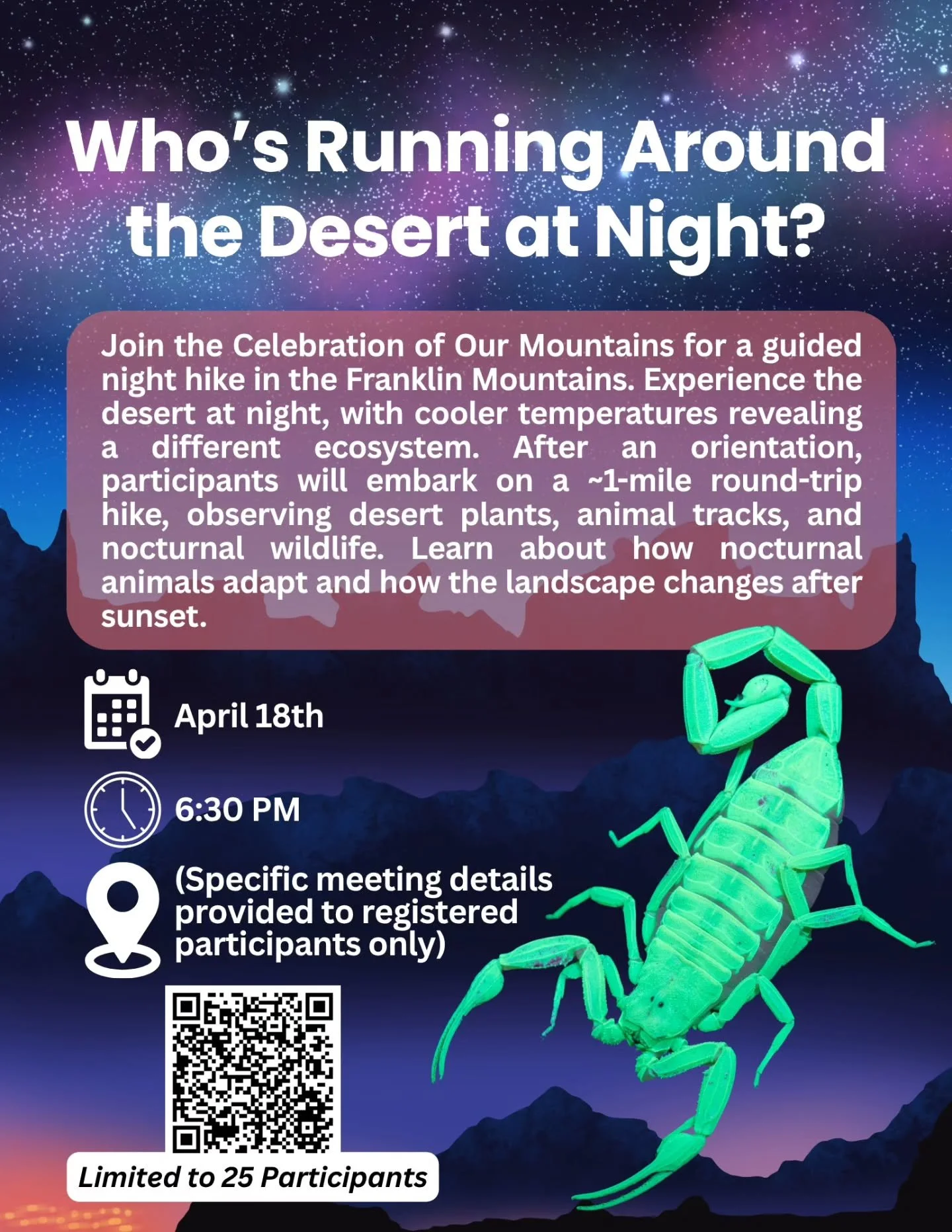 When the sun sets, the desert comes alive 🌙🌵

Join Celebration of Our Mountains for a one-of-a-kind night hike in Franklin Mountains State Park &mdash; and experience the desert from a whole new perspective.

🗓 Saturday, April 18, 2026
⏰ 6:30 PM &