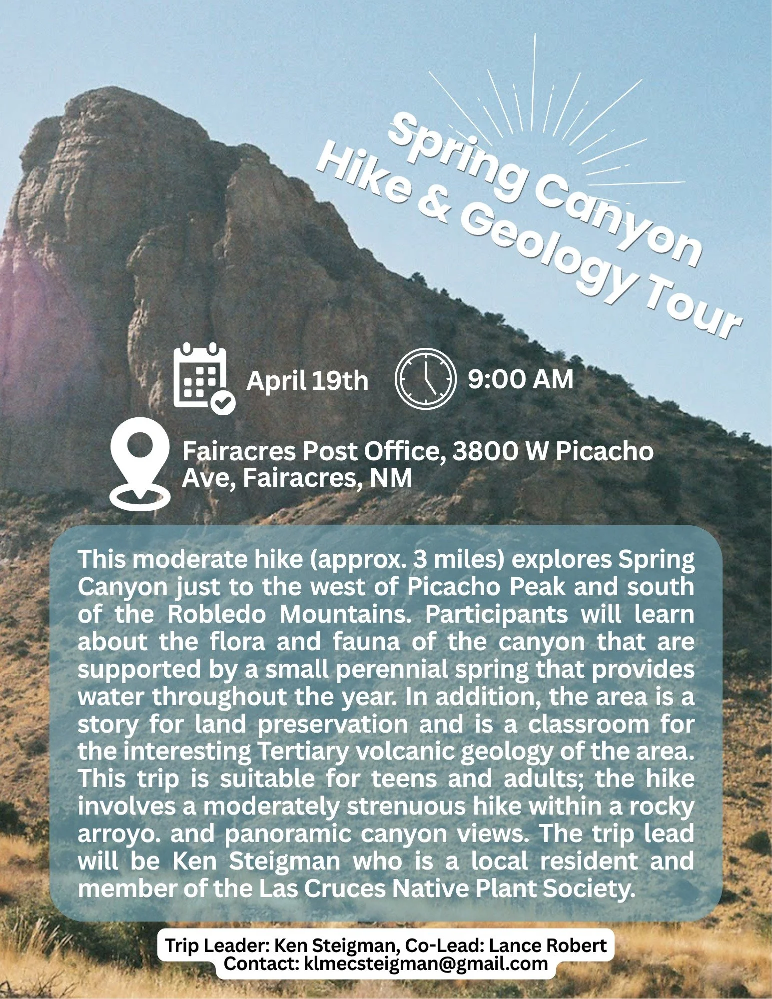 Canyons, springs, and volcanic stories waiting to be explored 🌄🪨

Join Celebration of Our Mountains for a guided hike through Spring Canyon near Picacho Peak and the Robledo Mountains &mdash; where water, life, and geology come together in a truly 