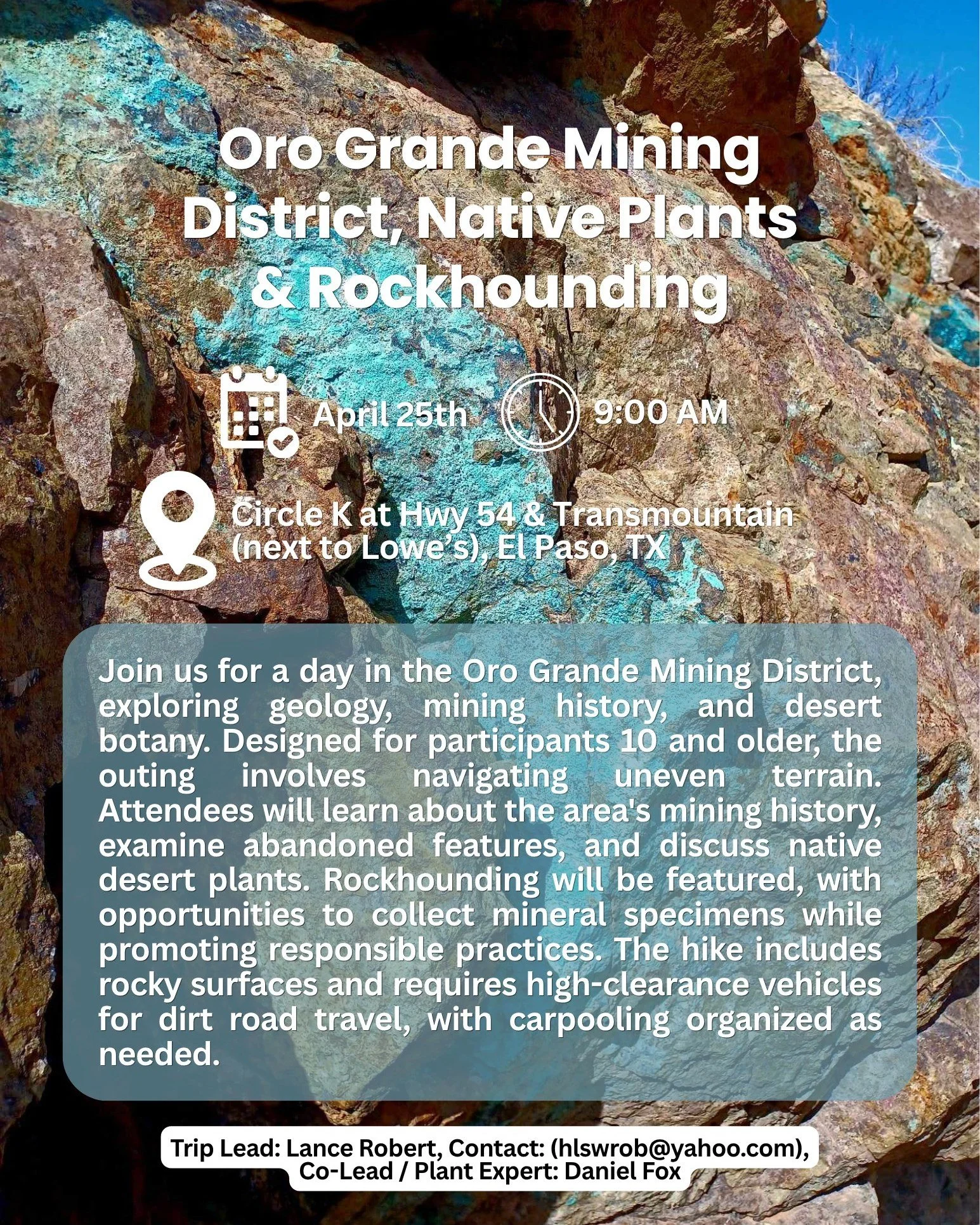 Rocks, history, and desert life, all in one adventure 🪨🌿

Join Celebration of Our Mountains for a day exploring the Oro Grande Mining District, where geology, mining history, and native plants come together in a rugged desert landscape.

🗓 Saturda