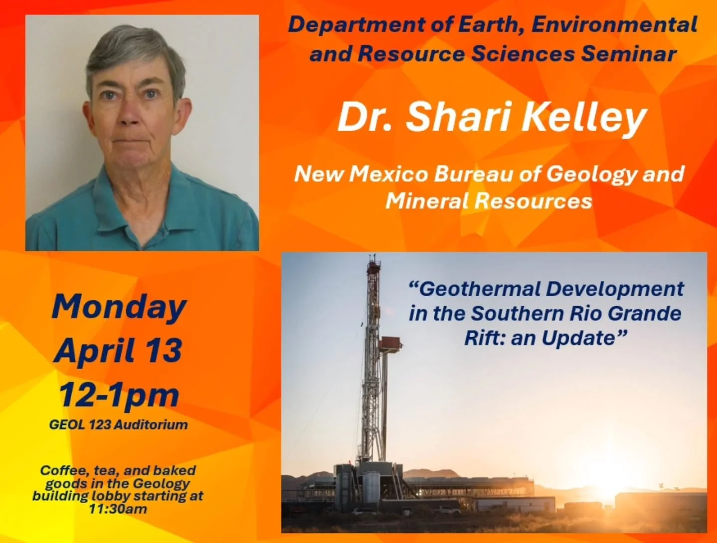 Join @utepdeers for  today&rsquo;s seminar, &ldquo;Geothermal Development in the Southern Rio Grande Rift: an Update,&rdquo; by Dr. Shari Kelley from NMBGMR at noon in Geology 123. 

There will coffee/tea/muffins in the lobby starting at 11:30.