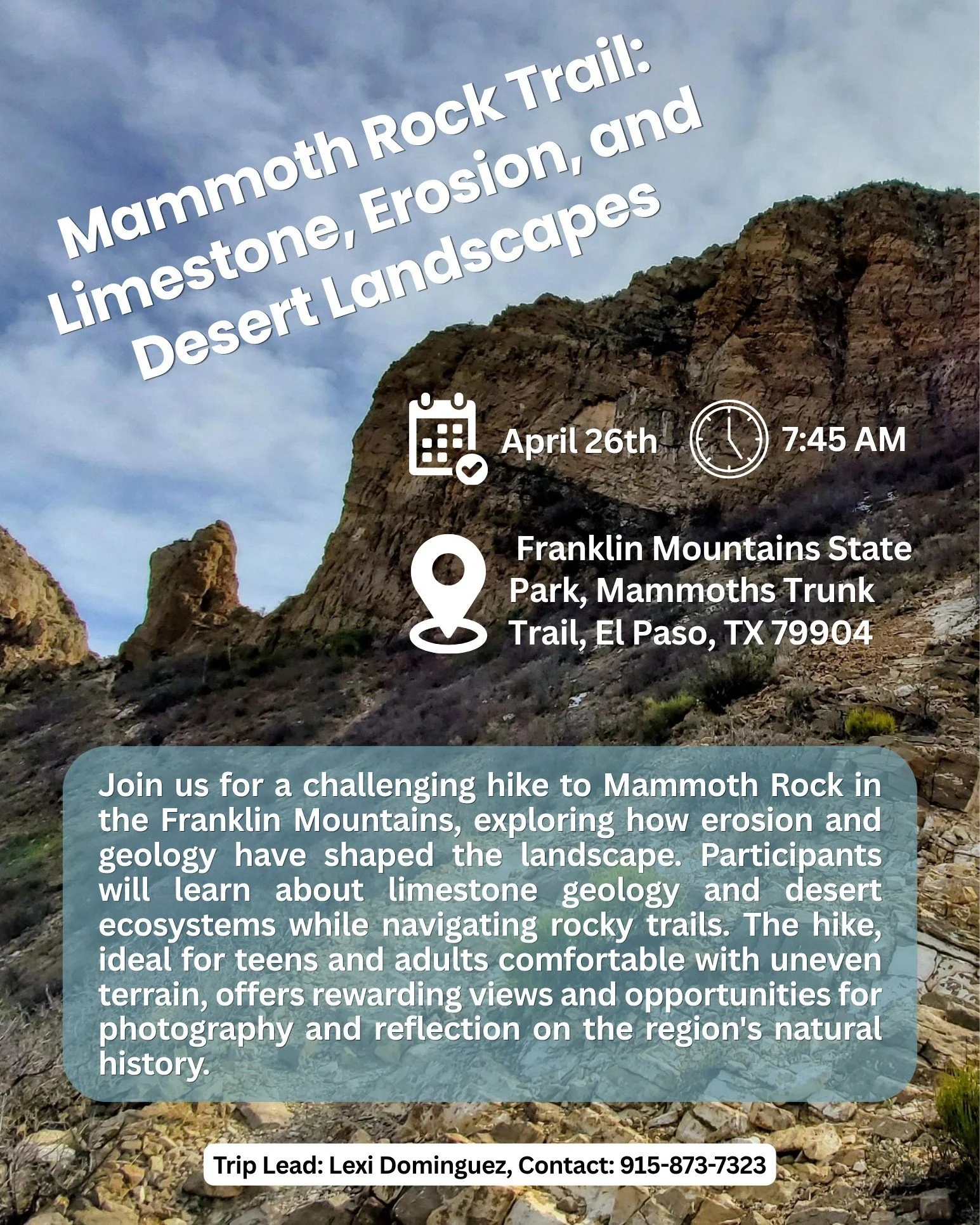 Limestone cliffs, rugged trails, and stories written in stone ⛰️🪨

Join Celebration of Our Mountains for a challenging and rewarding hike along the Mammoth Rock Trail in Franklin Mountains State Park.

🗓 Sunday, April 26, 2026
⏰ 7:45 AM
📍 Mammoth 