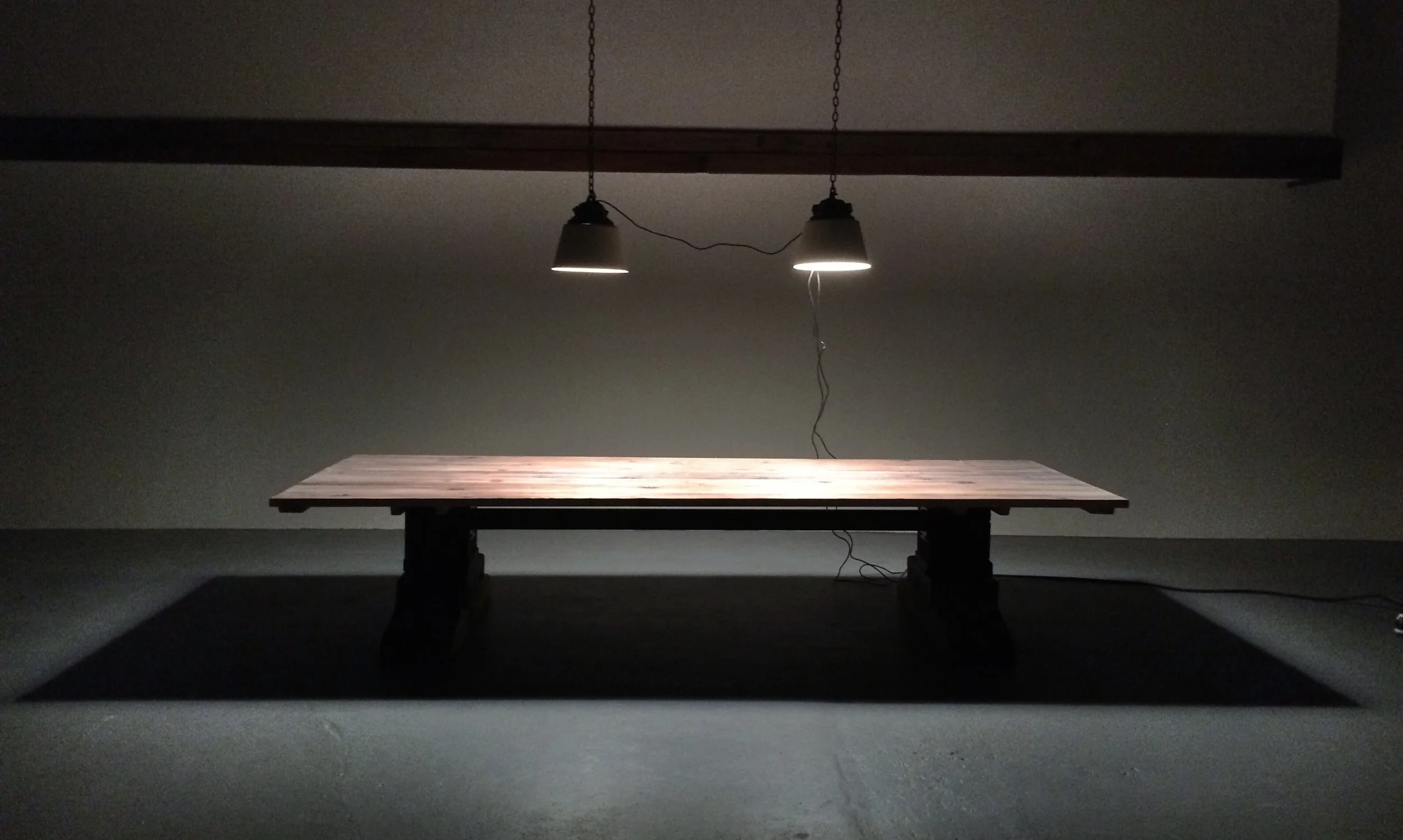 15' L x5' W Conference Table, Materials: 300 year old Fir and Blackened Steel