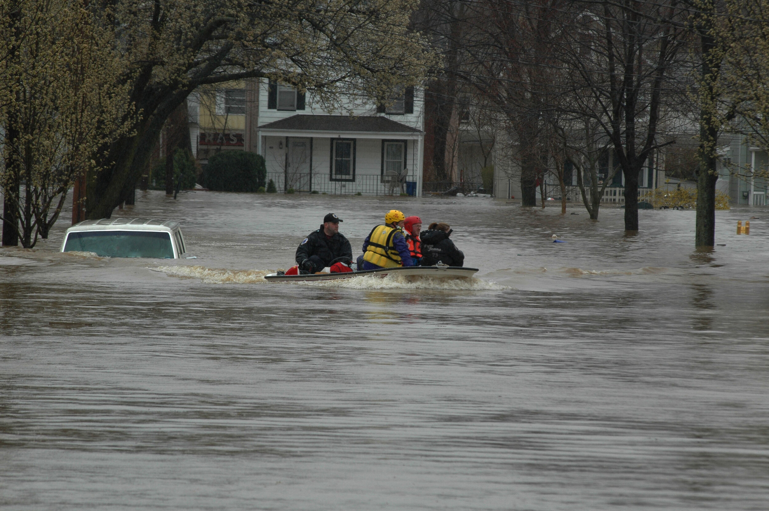  April 16, 2007. Rescue workers search for residents as flood waters from the Raritan River crested at 38.30 feet in Bound Brook, New Jersey and other areas of the state from a major nor’easter.  