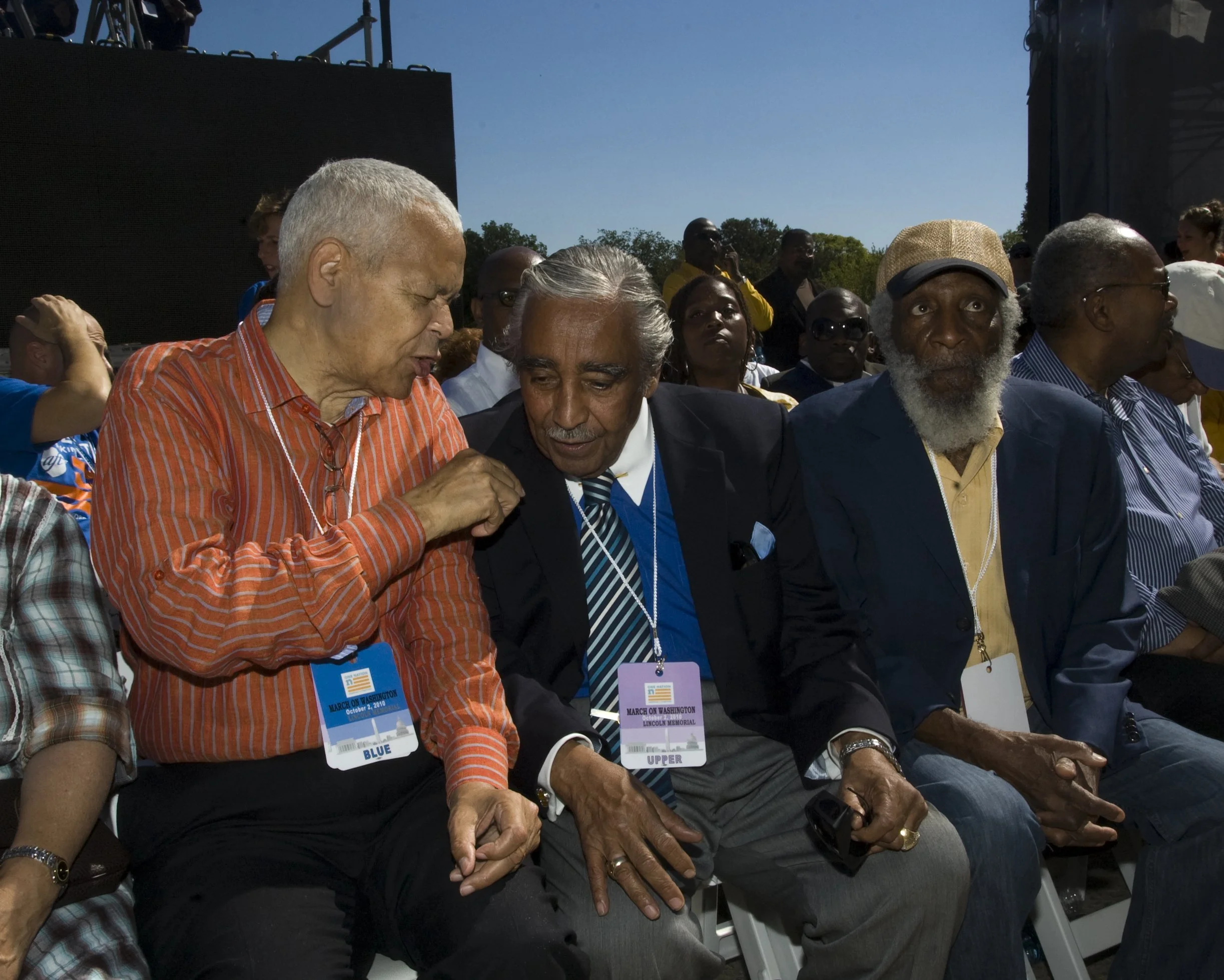 October 10, 2010 Civil Rights Leader Julian Bond, New York Congressman Charlie Rangel and comedian and activist Dick Gregory at the One Nation Working Together rally in Washington, D.C.