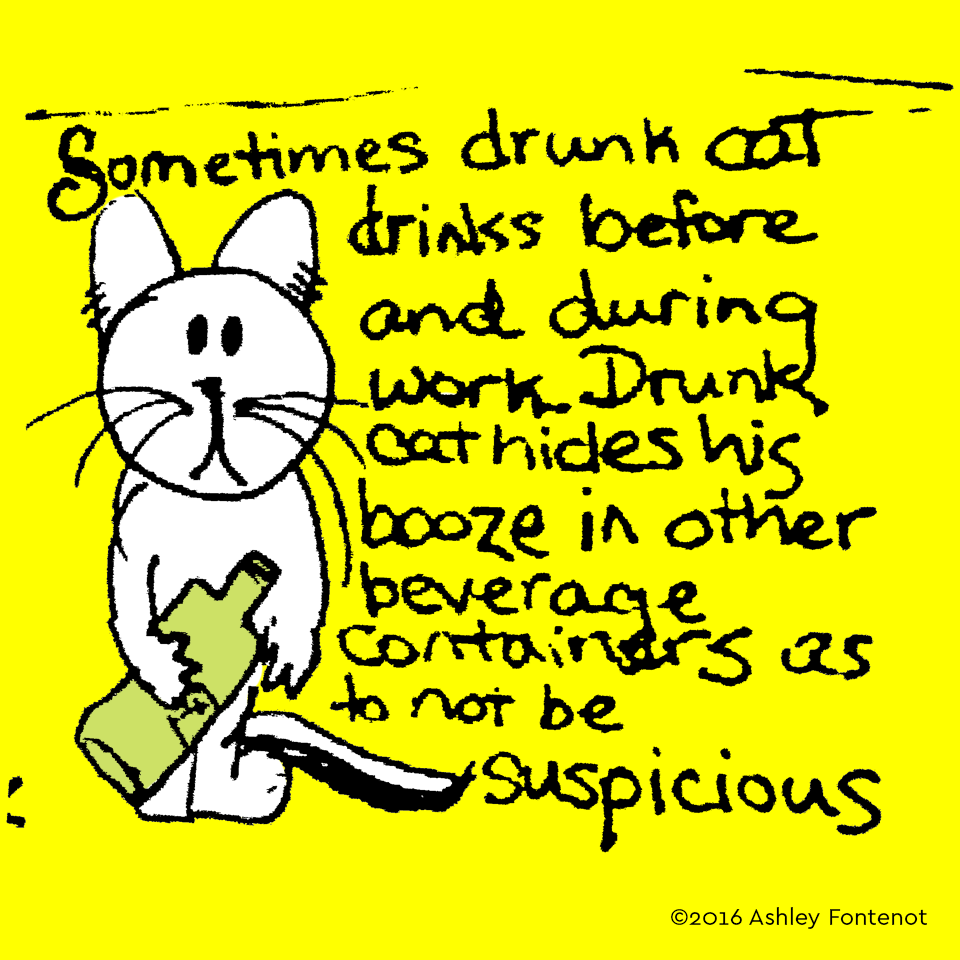 Drunk Cat Hides His Drinking on the Job