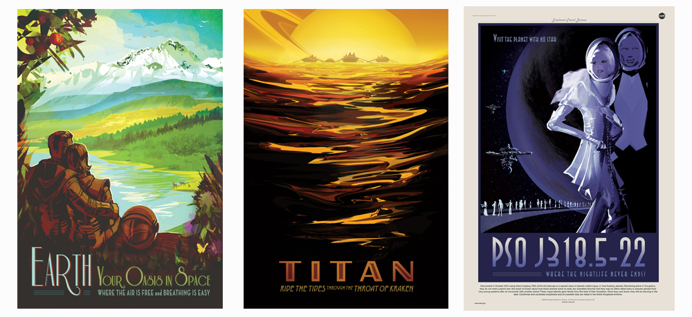 JPL / NASA Travel Posters FULL ARTWORK -- http://www.jpl.nasa.gov/visions-of-the-future/ Creative Director- Dan Goods; Art Director- David Delgado