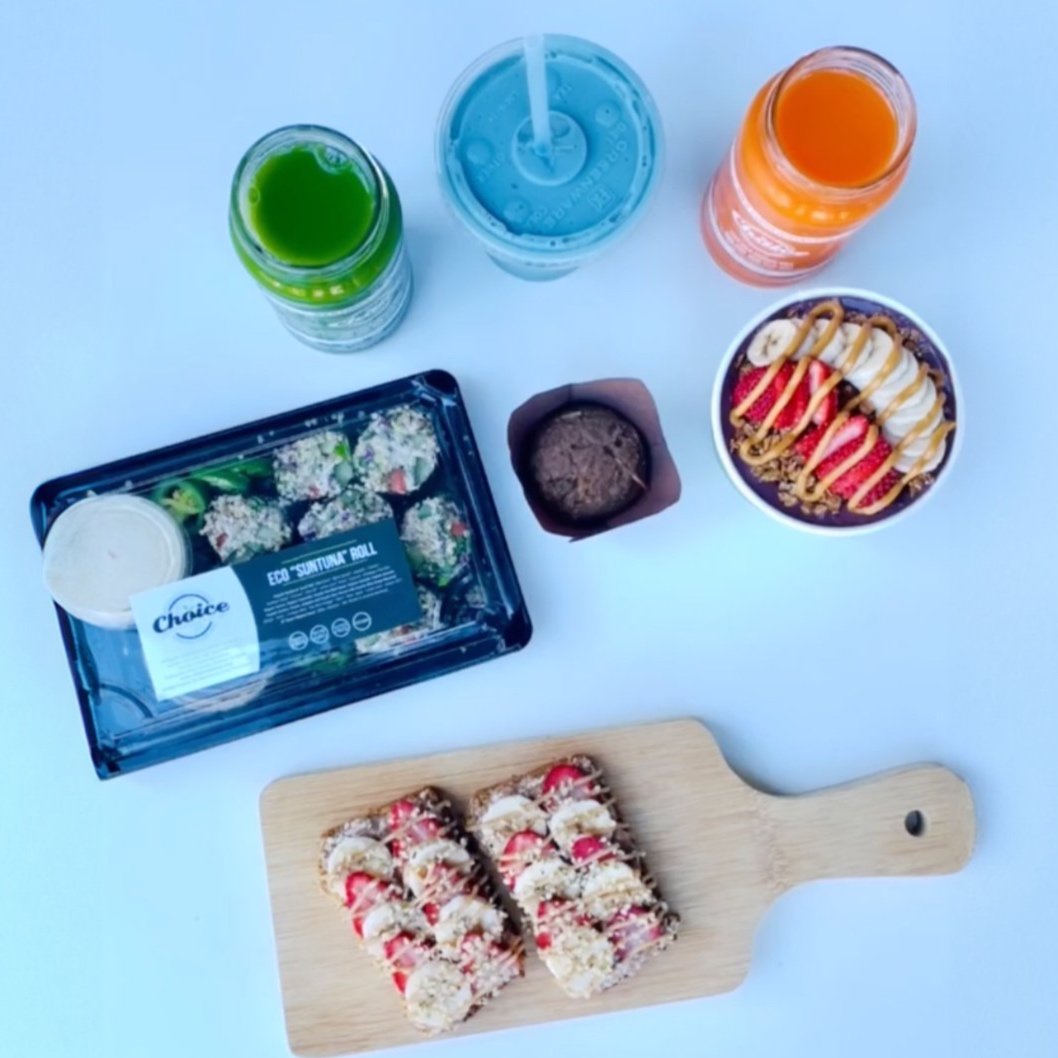 A platter of Choice Juicery items on a table