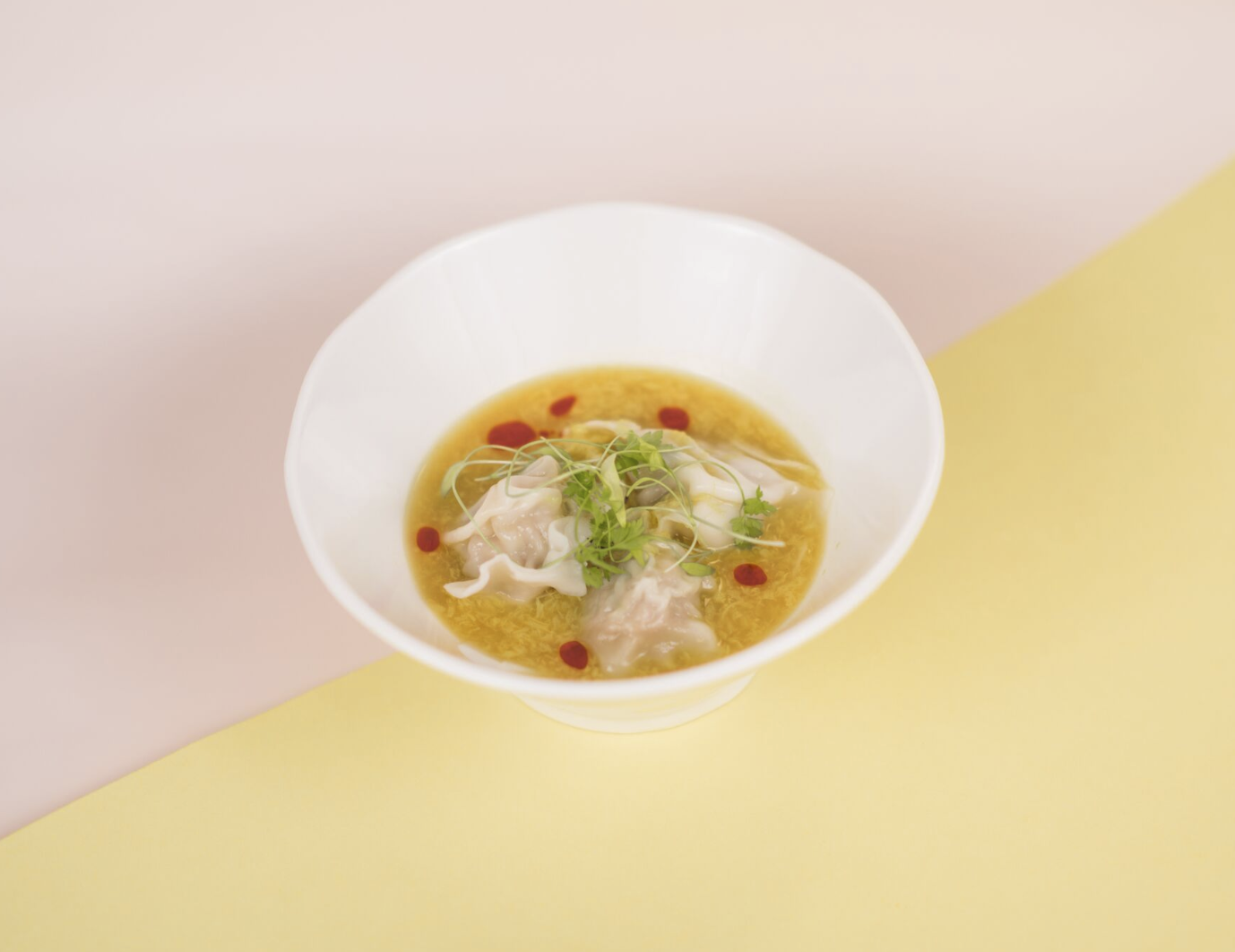 2nd course: wonton egg drop soup with 5-year ginkgo ‘hyo’ vinegar, chicken wonton, chinese celery