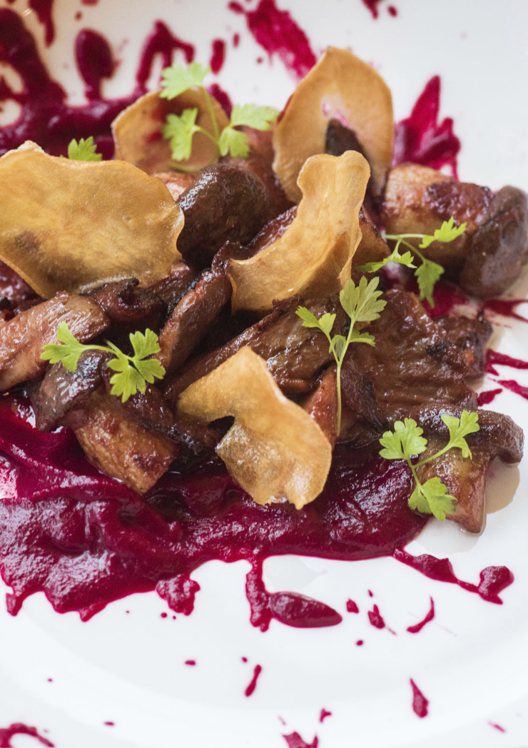 February : “Red Furu” | oyster mushroom, sichuan bacon, pickled woodear, pomelo