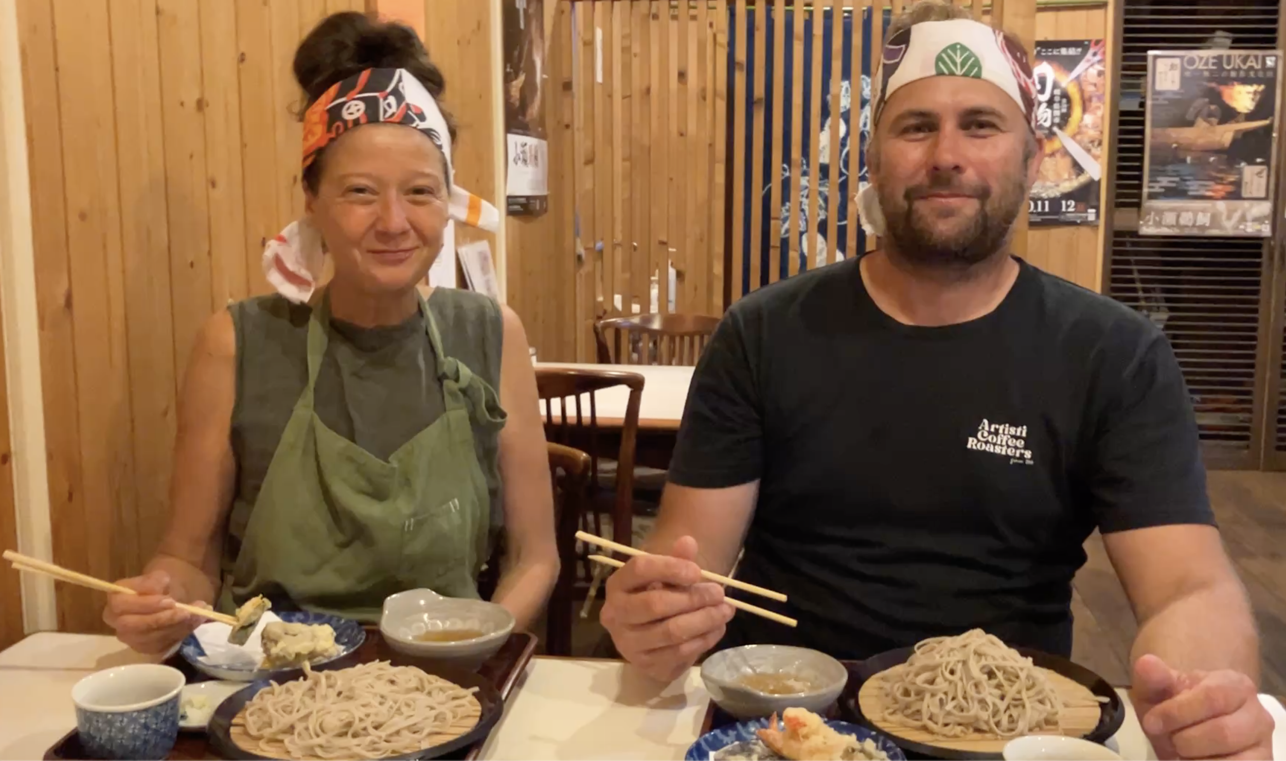 Robbie & Gina enjoys their own creations of soba noodles and tempura.