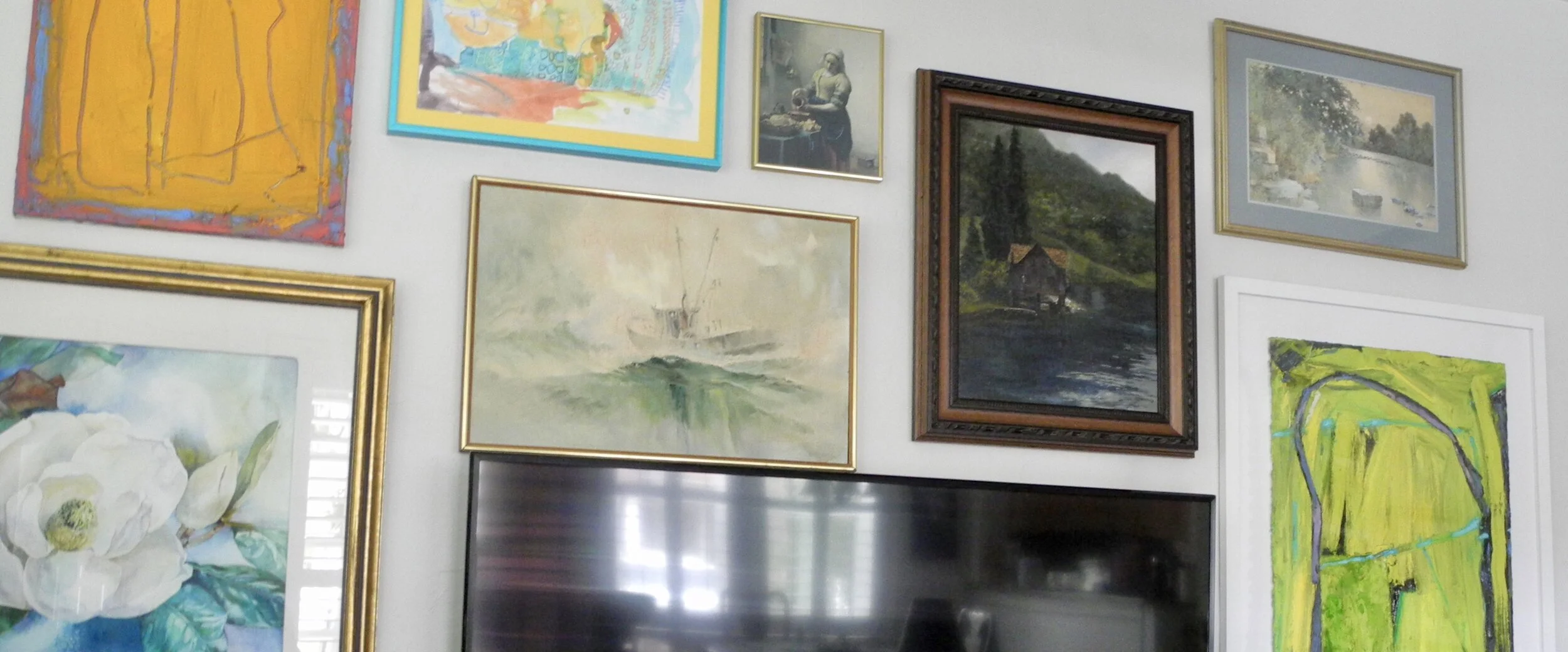 Carol McCammon updated salon wall with paintings by Taylor Thomas (top left; bottom right)