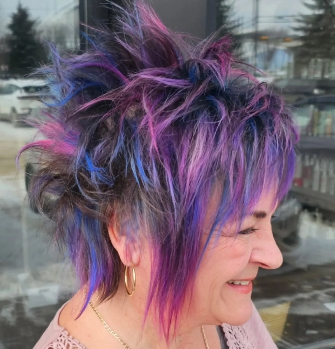 This colour combo! 😍💙💜🩷 So cute!! and a funky cut taboot! 
We are obsessed! @badasshairbear