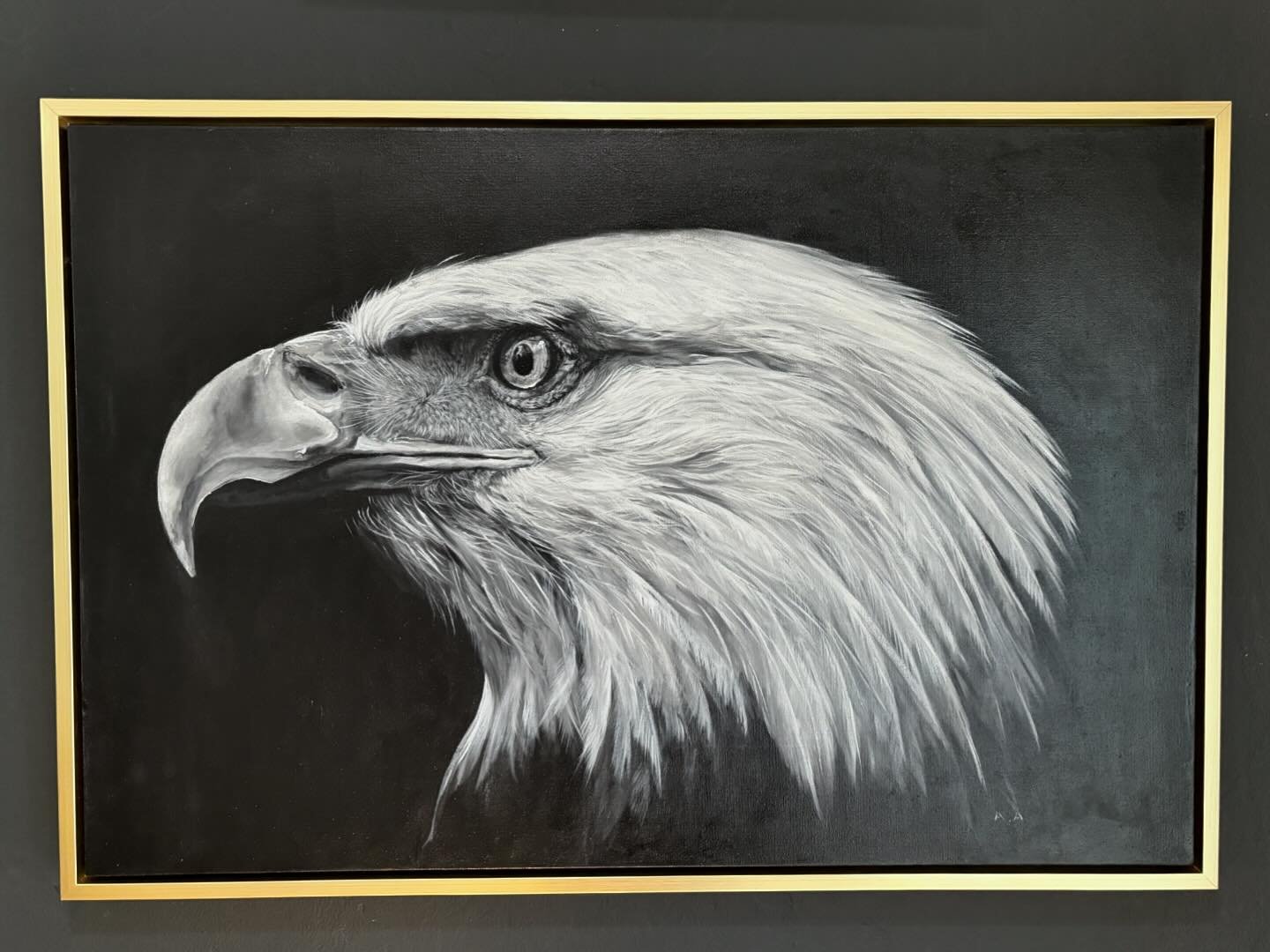 The gold frame is just what I wanted for this eagle. 

24x36 . Oil on canvas 
.
.
.
.
.
.
.
.
#baldeaglepainting #baldeagleart #baldeagleartwork #contemporarywesternart #contemporarywesternartist #contemporarywildlifeart #westernart #parkcityart #par