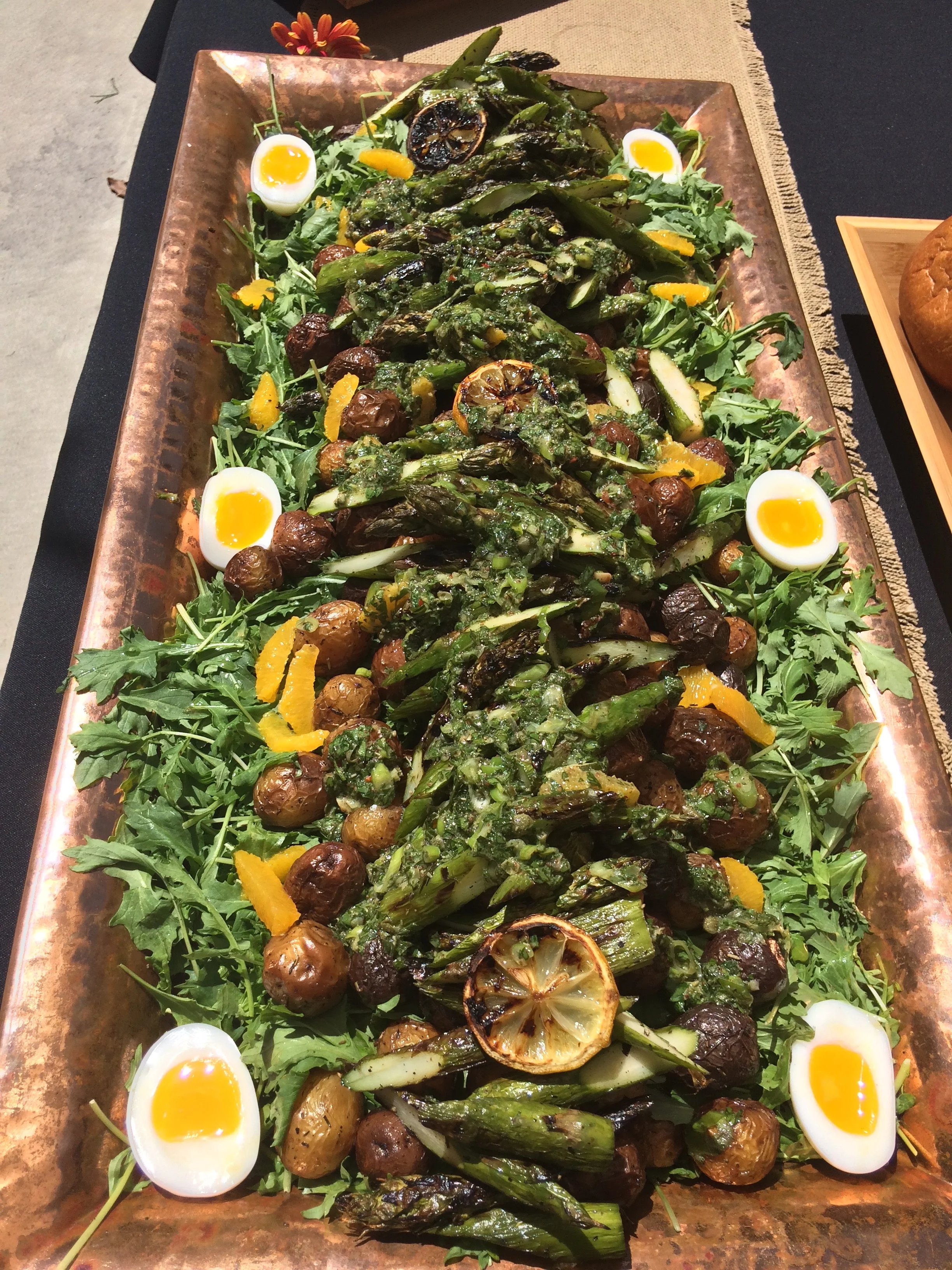 Spring Salad- Grilled Asparagus, Mizuna, Smoked Marble Potatoes, Orange Segments, Soft Eggs, Salsa Dente
