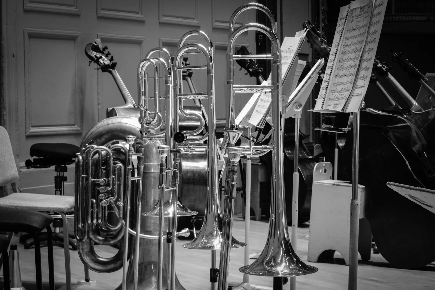 Tuba and Trombones at rest on rehearsal break between Bartok and Tchaikovsky. (left to right) 1920's Holton BBb Tuba, Edwards B502-I Bass Trombone, Edwards T396-A with black valve cap, Edwards T350HB.