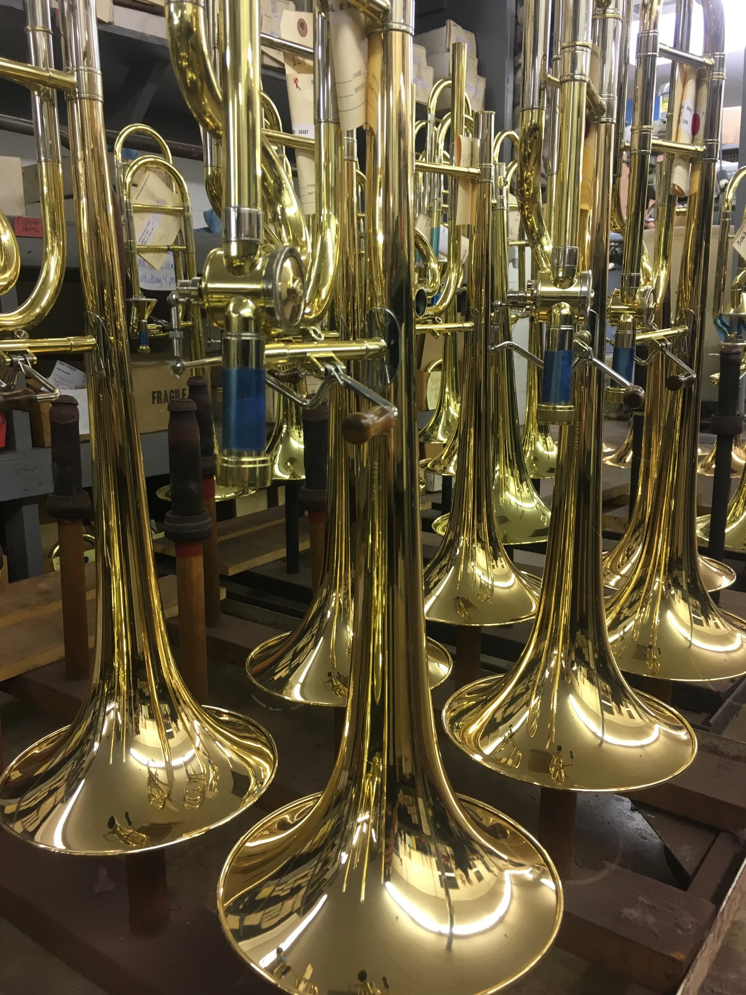At the factory I get to see all the trombones before they're famous!