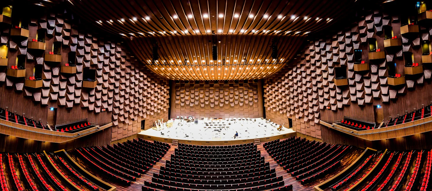 Dark stained wood enveloped our view at the Festival Hall, Shin-Asahi Building: Osaka, Japan