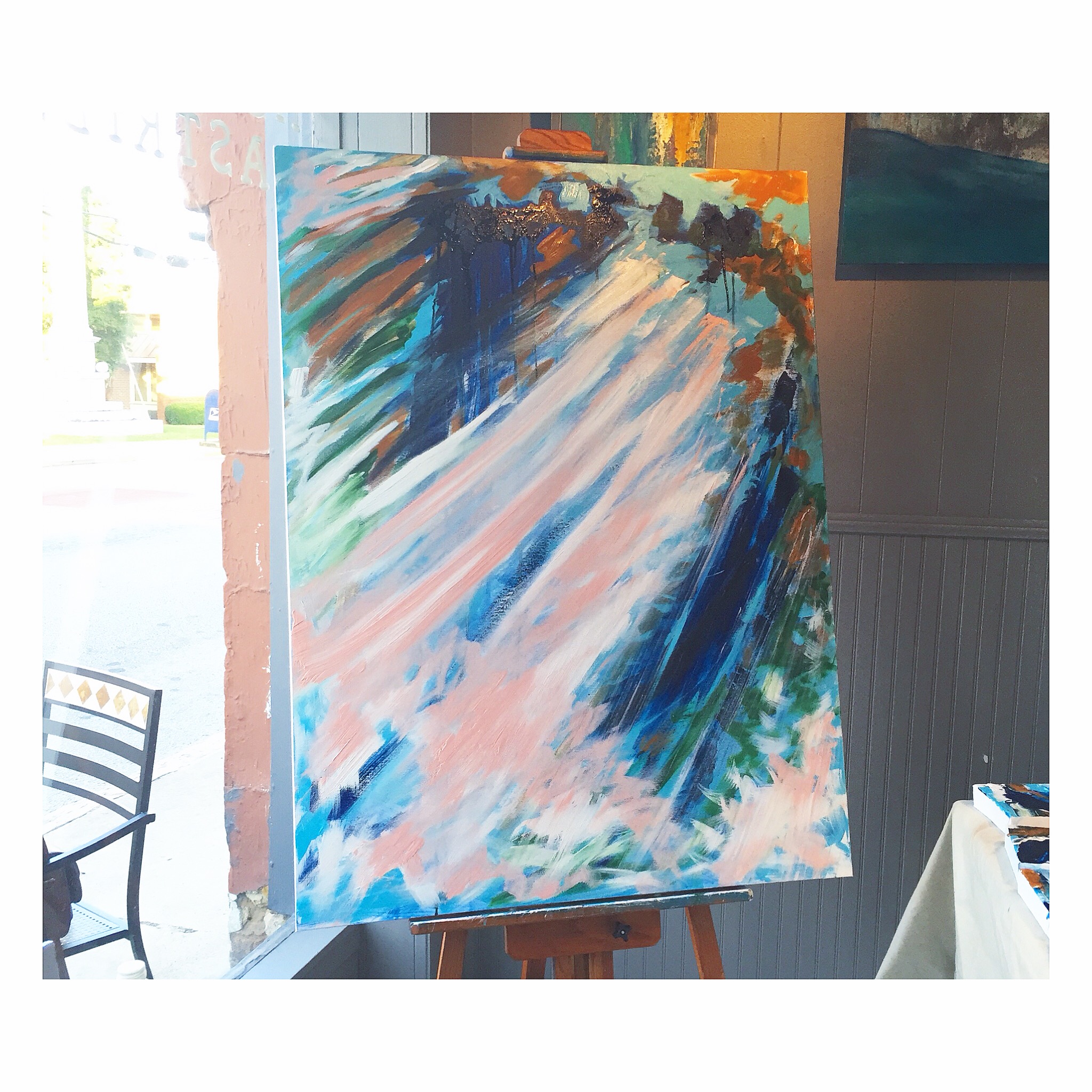More layers of color. Looking like something now. The live music influenced my brush strokes and color selection.