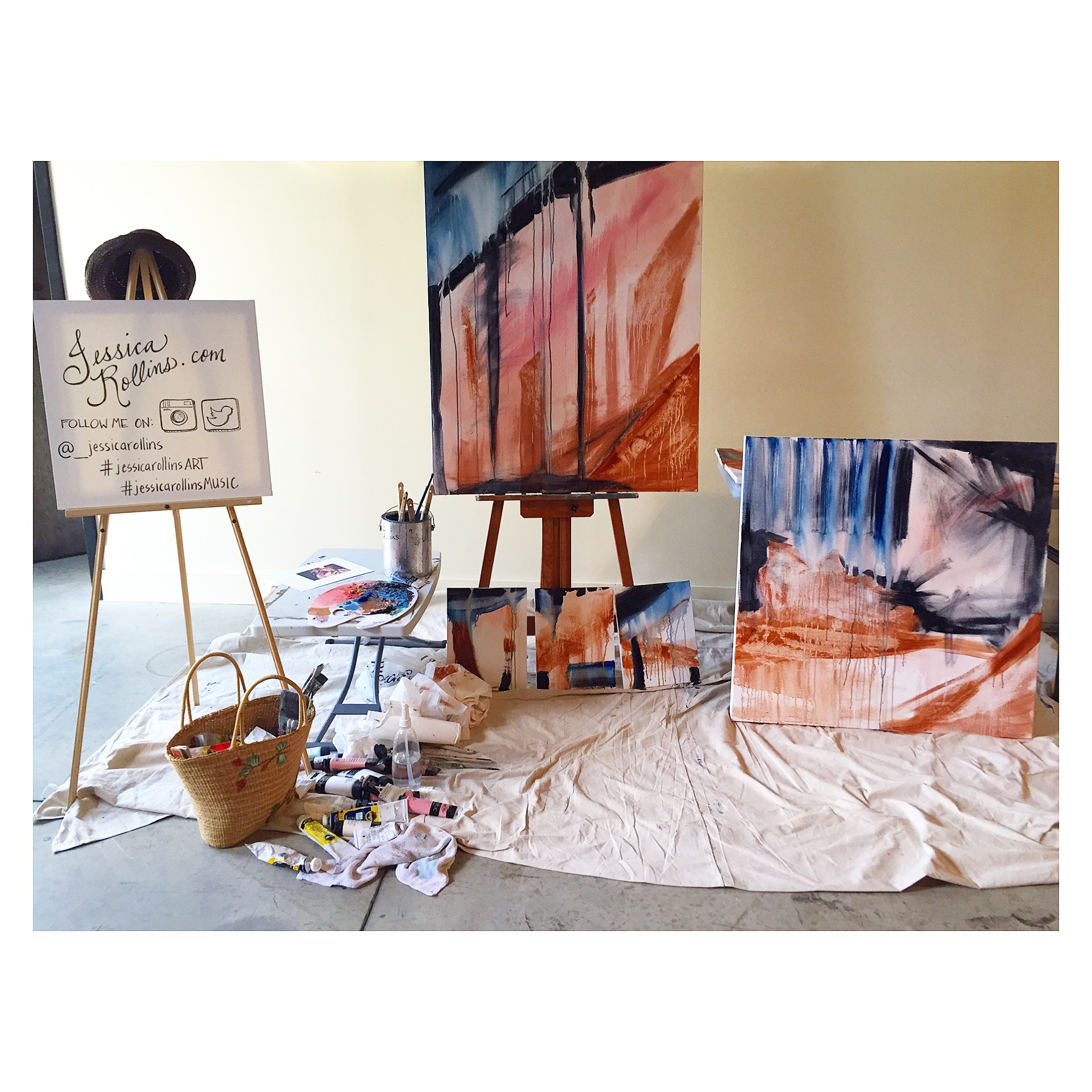 Added some navy, rust, metallic gold and cobalt. I like to do several paintings at one time so that I don't waste mixed paint and I can try out several composition ideas at one time;)