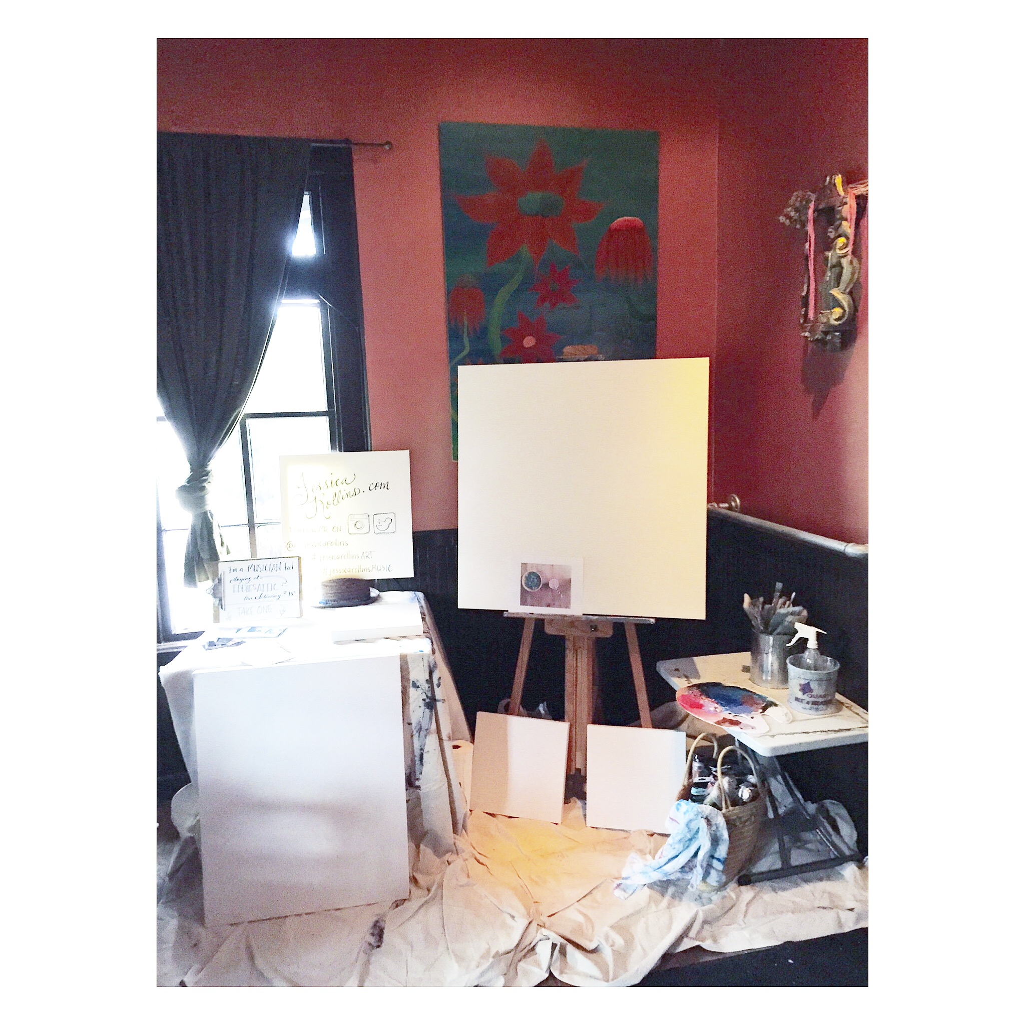 I set up in their main dining room and of course...Started with blank canvases;)