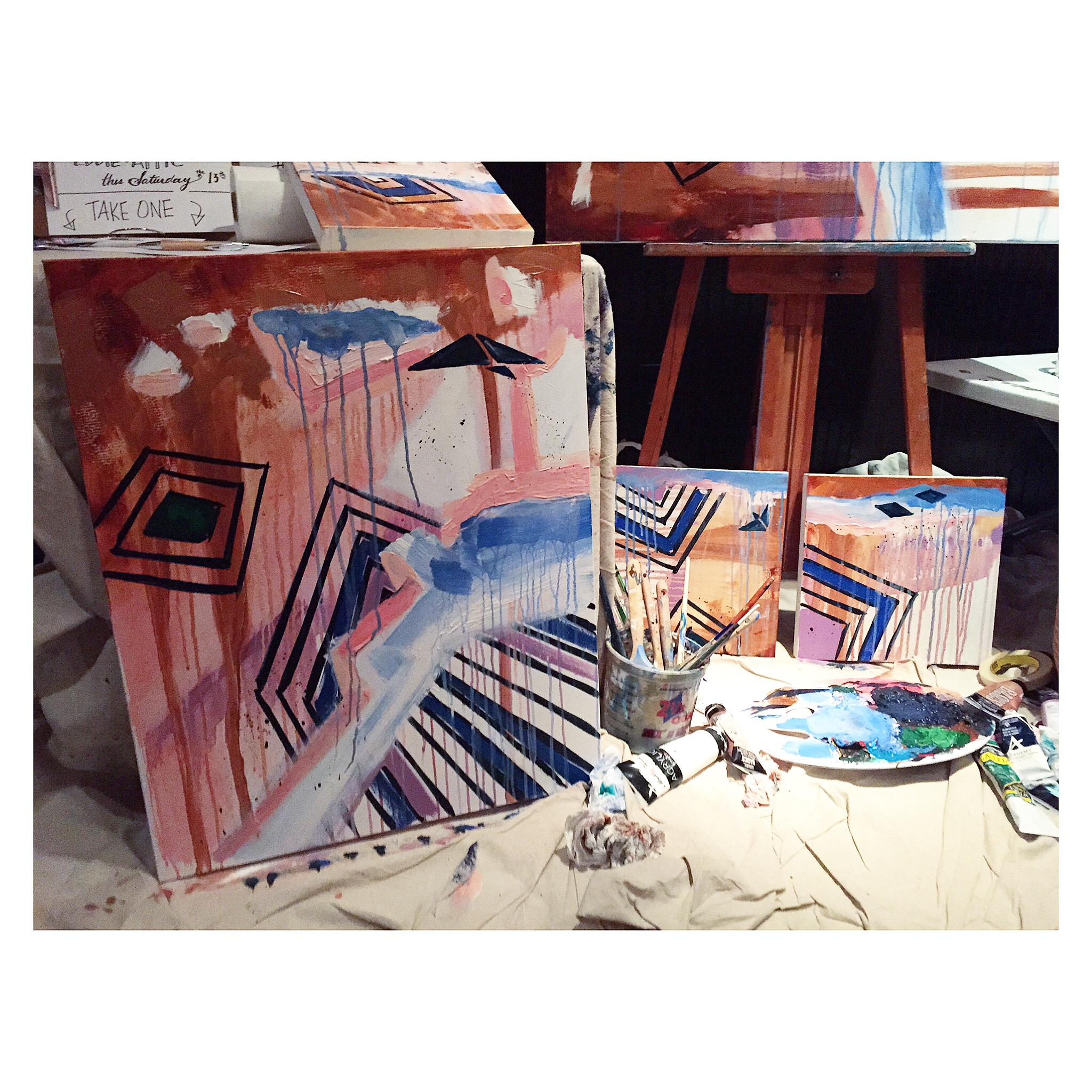 Layer upon layer and some maller paintings working on at the same time. Beginning to tell a story now;)
