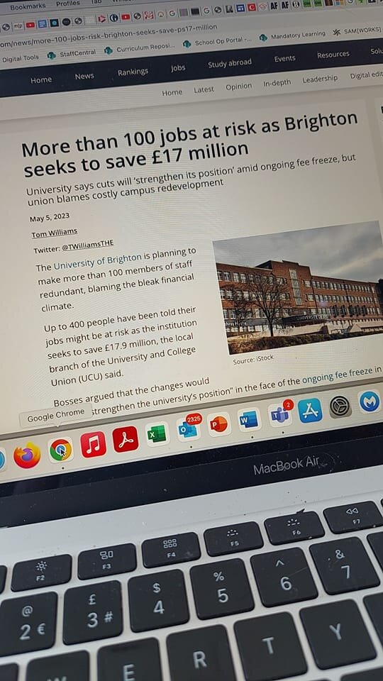 Here is what is happening in my institution, a major threat of redundancies as part of a means to save their finances and shift teaching to focus on outcomes and skills-based education.... a major attack on what the University is about and on its stu