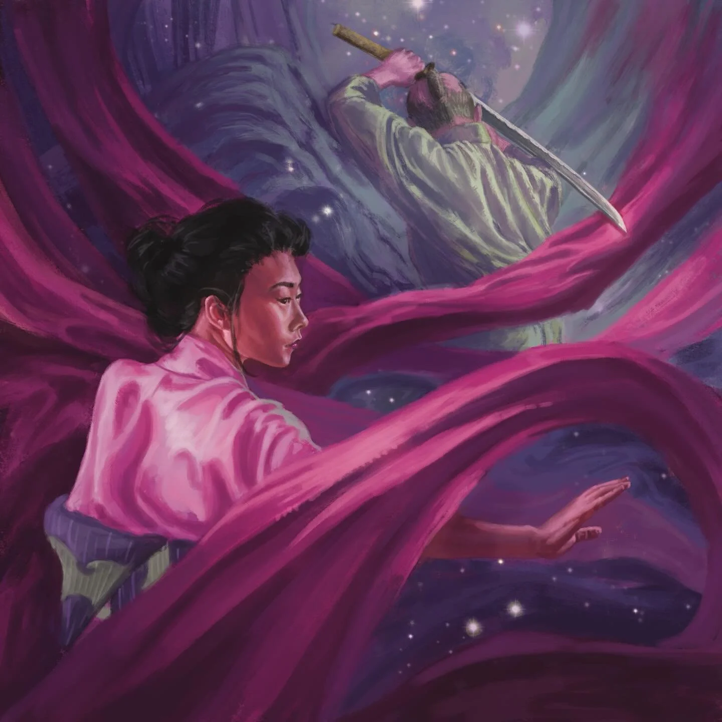 The Cowherd and The Weaver Girl

This is based on the Chinese fable of two lovers separated by the Milky Way but allowed to meet once a year on the seventh day of the seventh lunar month when magpies form a bridge for them.