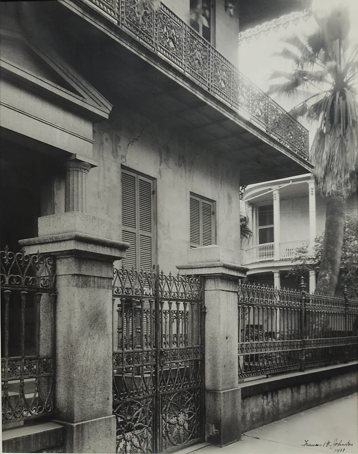 John Gauche House, New Orleans, 1938. Vintage gelatin silver print. Signed and dated in ink on print. Titled in pencil “Old Residence New Orleans” with credit stamp: “Frances Benjamin Johnston 1132 Bourbon Street New Orleans Louisiana” on verso. Image measures 19 1/4 x 15 1/4 inches. Inventory #C1624. Terms | Inquire