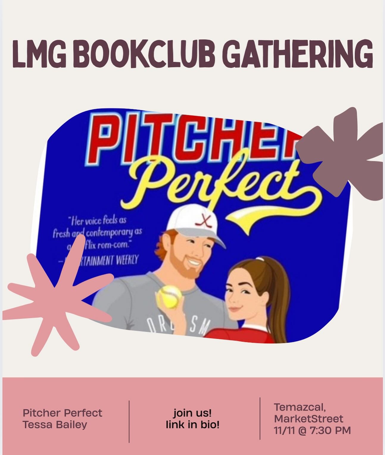 ⚾💋 Batter up, book lovers!
LMG Book Club is back Tuesday, Nov 11 @ 7:30PM at Temazcal, Market Street 🍹✨

This month we&rsquo;re diving into Pitcher Perfect by Tessa Bailey &mdash; a spicy, swoony rom-com that&rsquo;s sure to hit a home run 😉📖

Gr