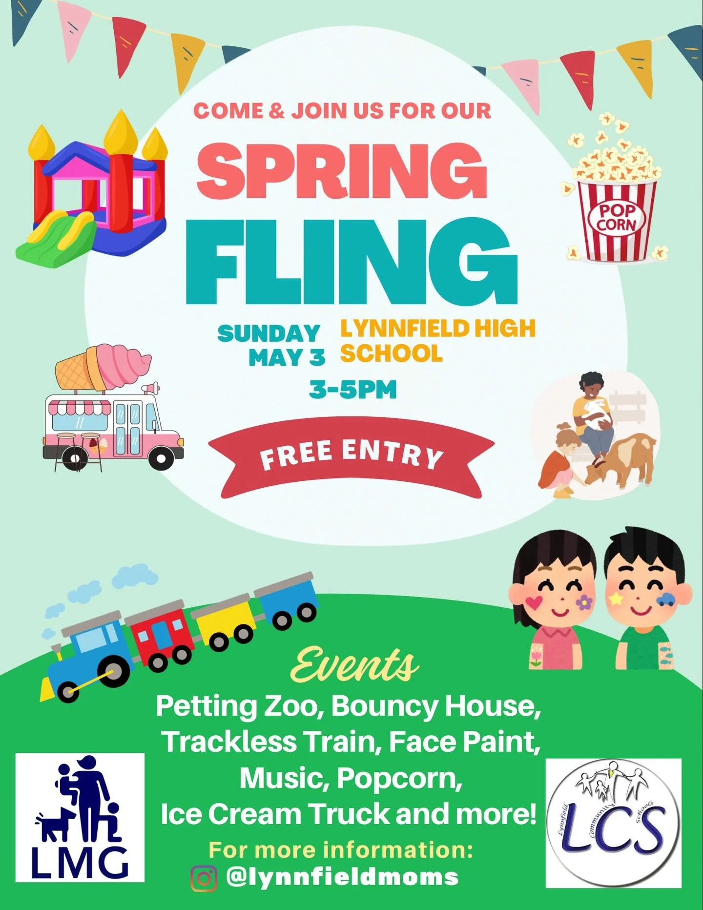 🌸✨ Spring Fling is almost here! ✨🌸

Join us for an afternoon of family fun at Lynnfield High School on Sunday, May 3 from 3&ndash;5 PM!

🎈 Bouncy house
🐐 Petting zoo
🚂 Trackless train
🎨 Face painting
🍿 Popcorn &amp; music
🍦 Ice cream truck
&h