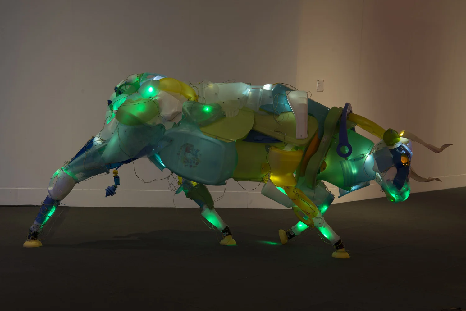   Unsustainable Creature: Ox 1,&nbsp; &nbsp;post-consumer plastic, PVC, LEDs.&nbsp; 50 x 108 x 30 inches, 2011.&nbsp;  