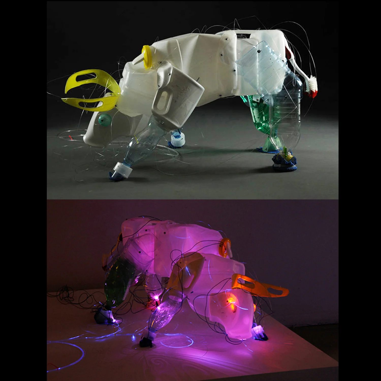   Unsustainable Creature: Bull (Ferdinand) . 2009. Post-consumer plastic, LEDs, optical fiber. 22 x 43 x 26 inches. Photo credit: Martin Cox 