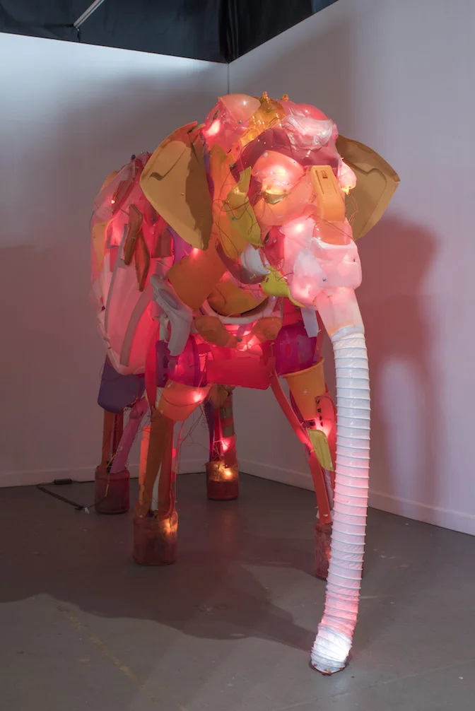   Unsustainable Creatures: Elephant Post-consumer plastics, PVC, LEDs, hardware. 80 x 115 x 52 inches. 2013.&nbsp;photo credit: Lawrence Pierce  